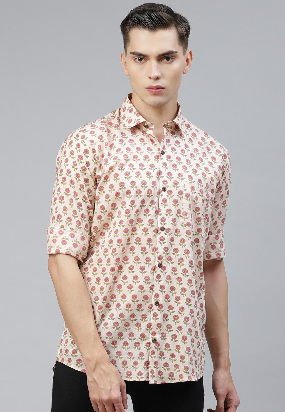 Block Printed Cotton Shirt in Peach : MRE77