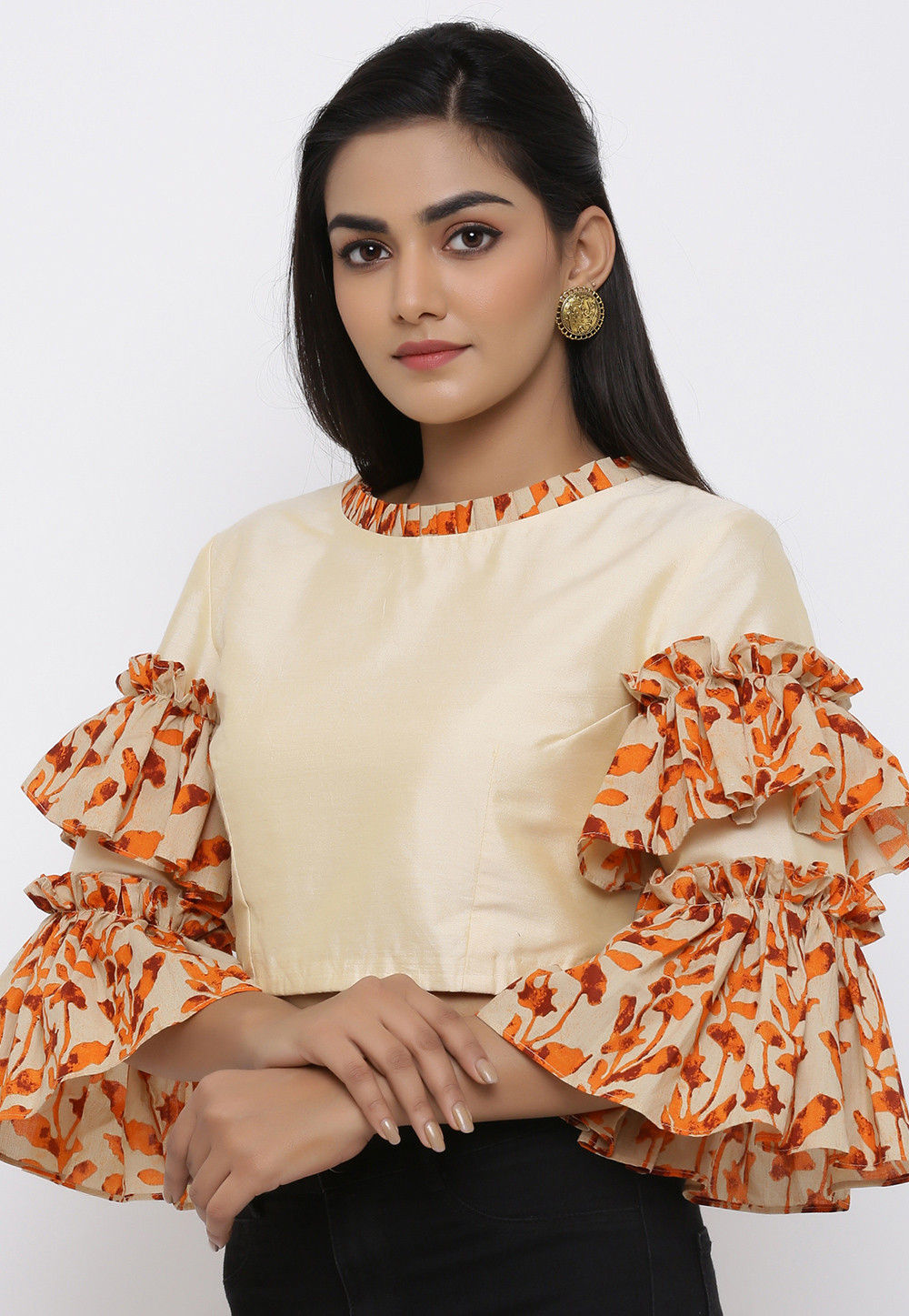 Orange - Pipad Block Printed Cotton Blouse Piece