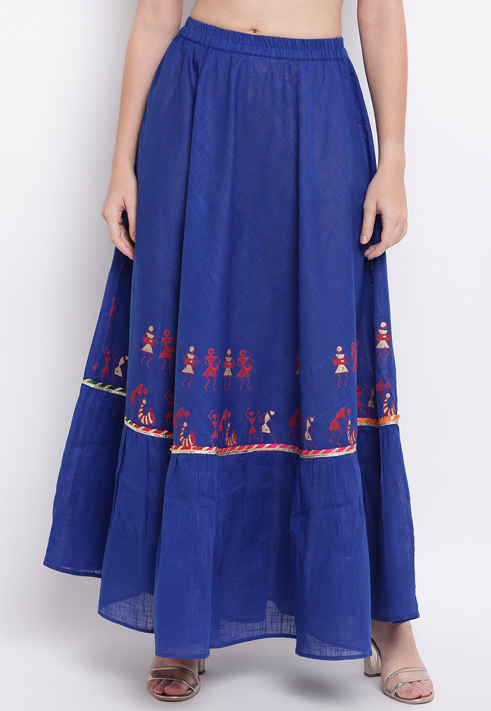 Blue - Kutch Block Printed 24 Kali Cotton Long Skirt 28