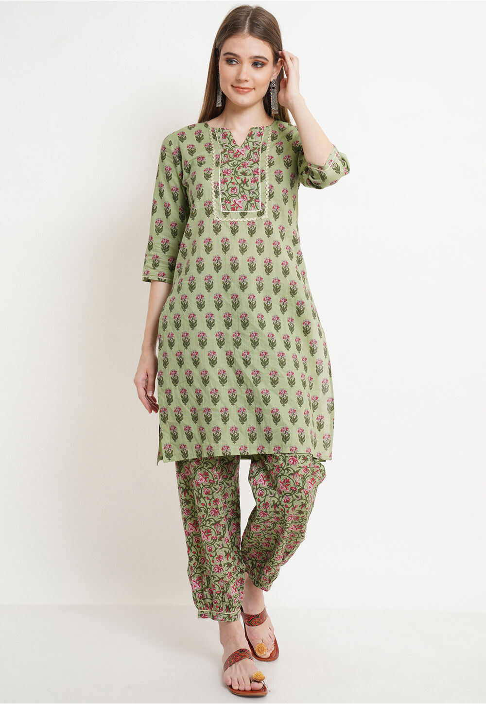 Olive Green Cotton Kurta Set with Floral Print
