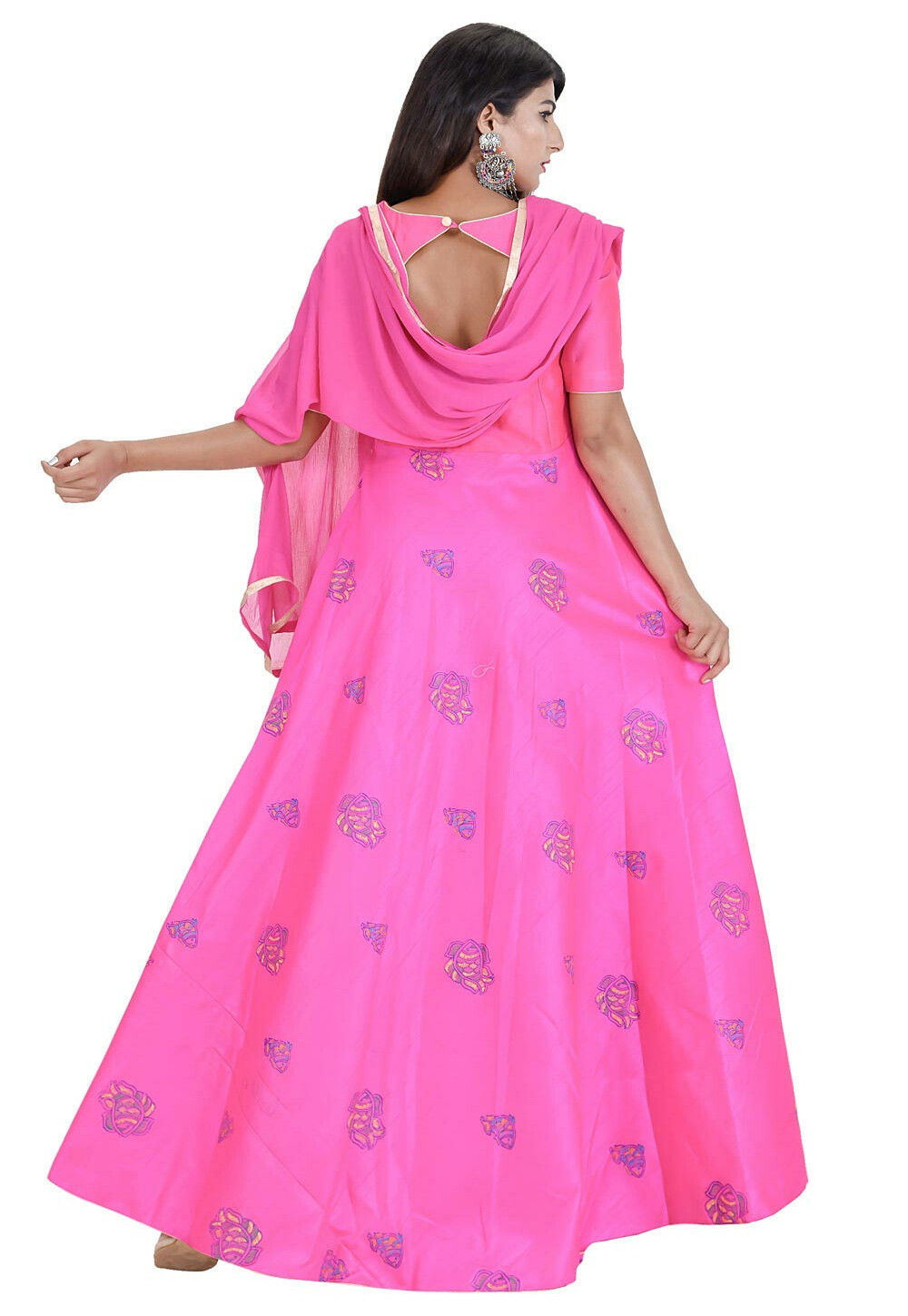 Block Printed Dupion Silk Abaya Style Suit in Pink Pink Salwar Kameez