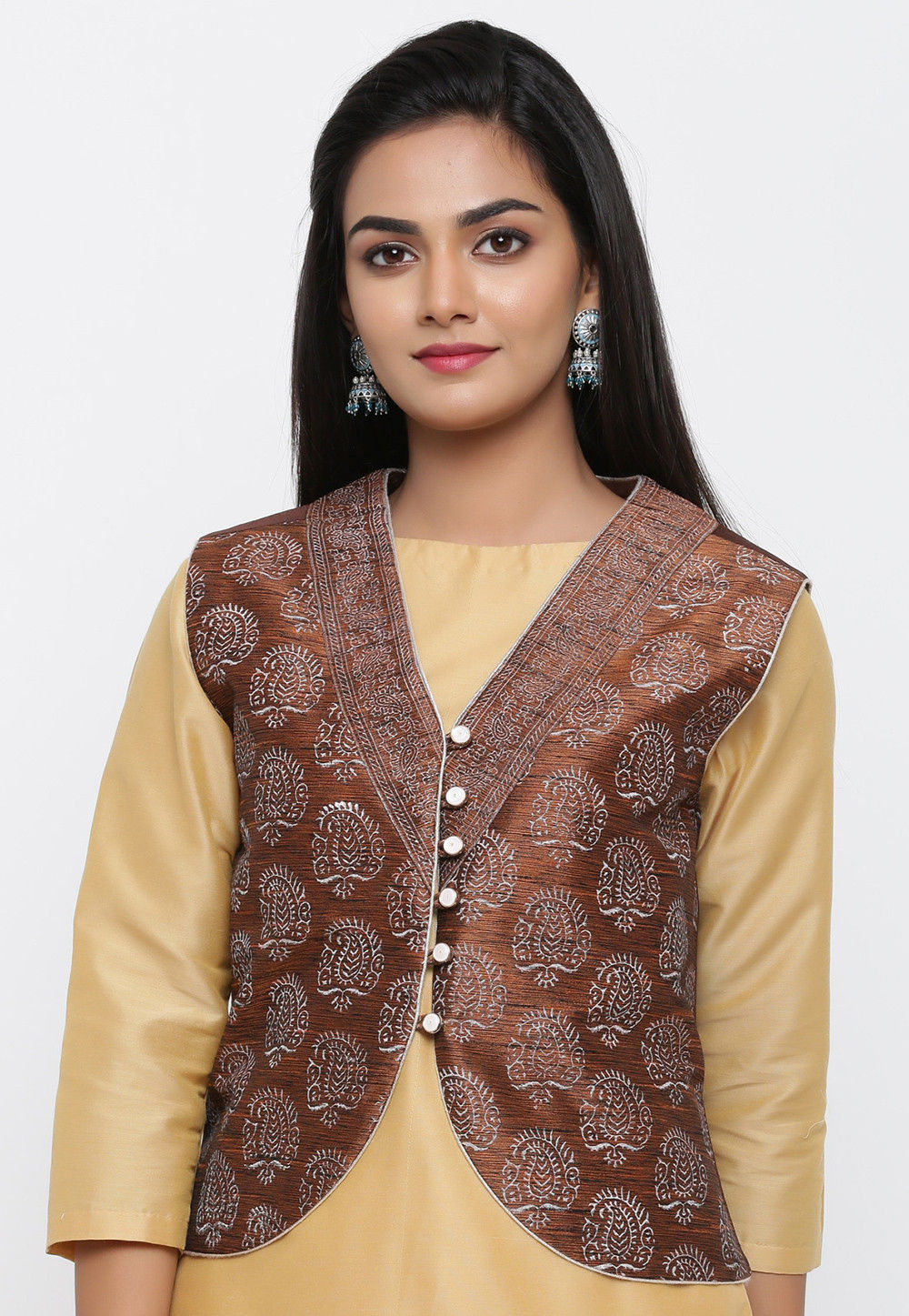 Buy Block Printed Dupion Silk Jacket in Brown Online : TJW1592 - Utsav ...