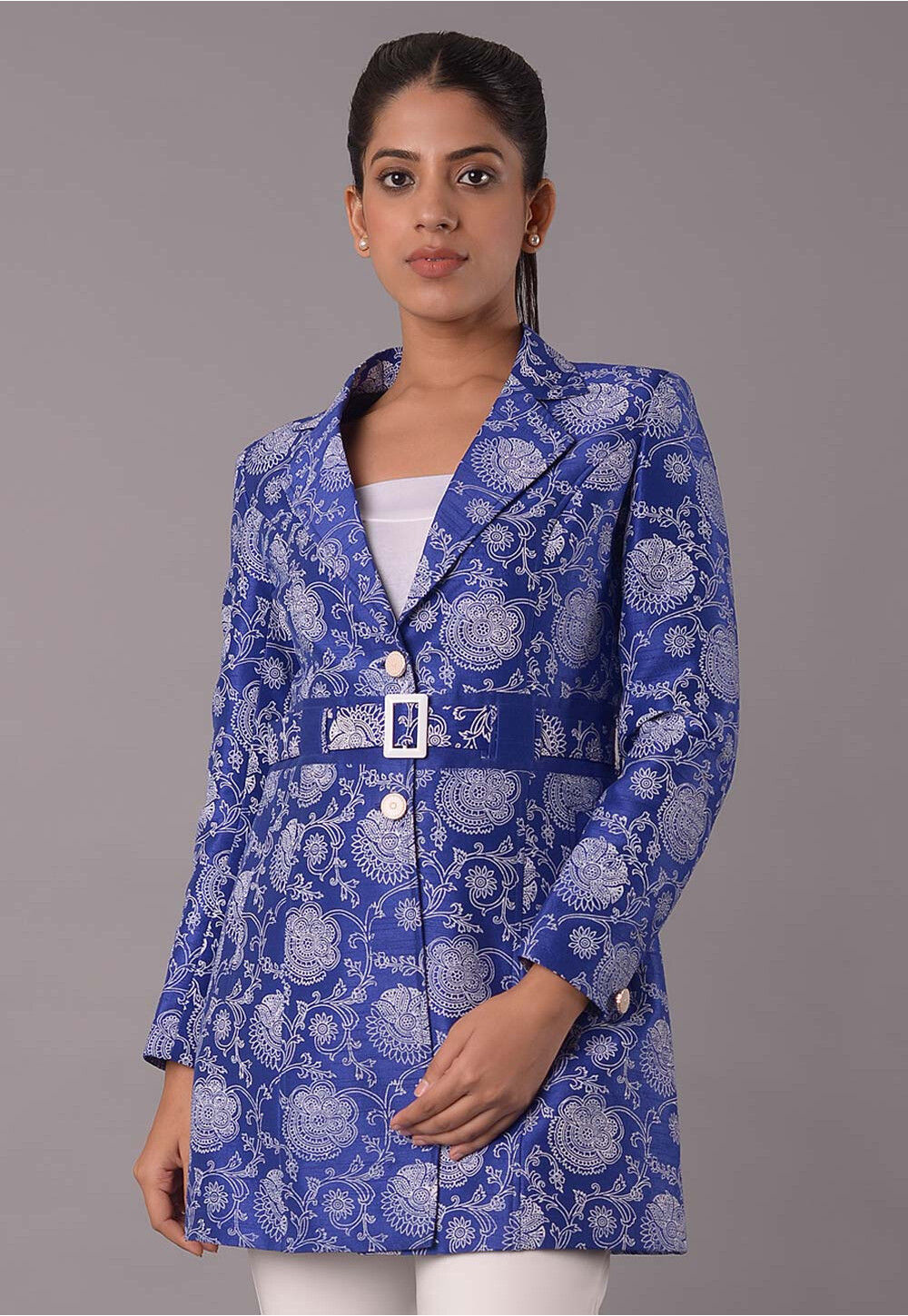 Buy Block Printed Dupion Silk Jacket in Royal Blue Online : TBN80 ...