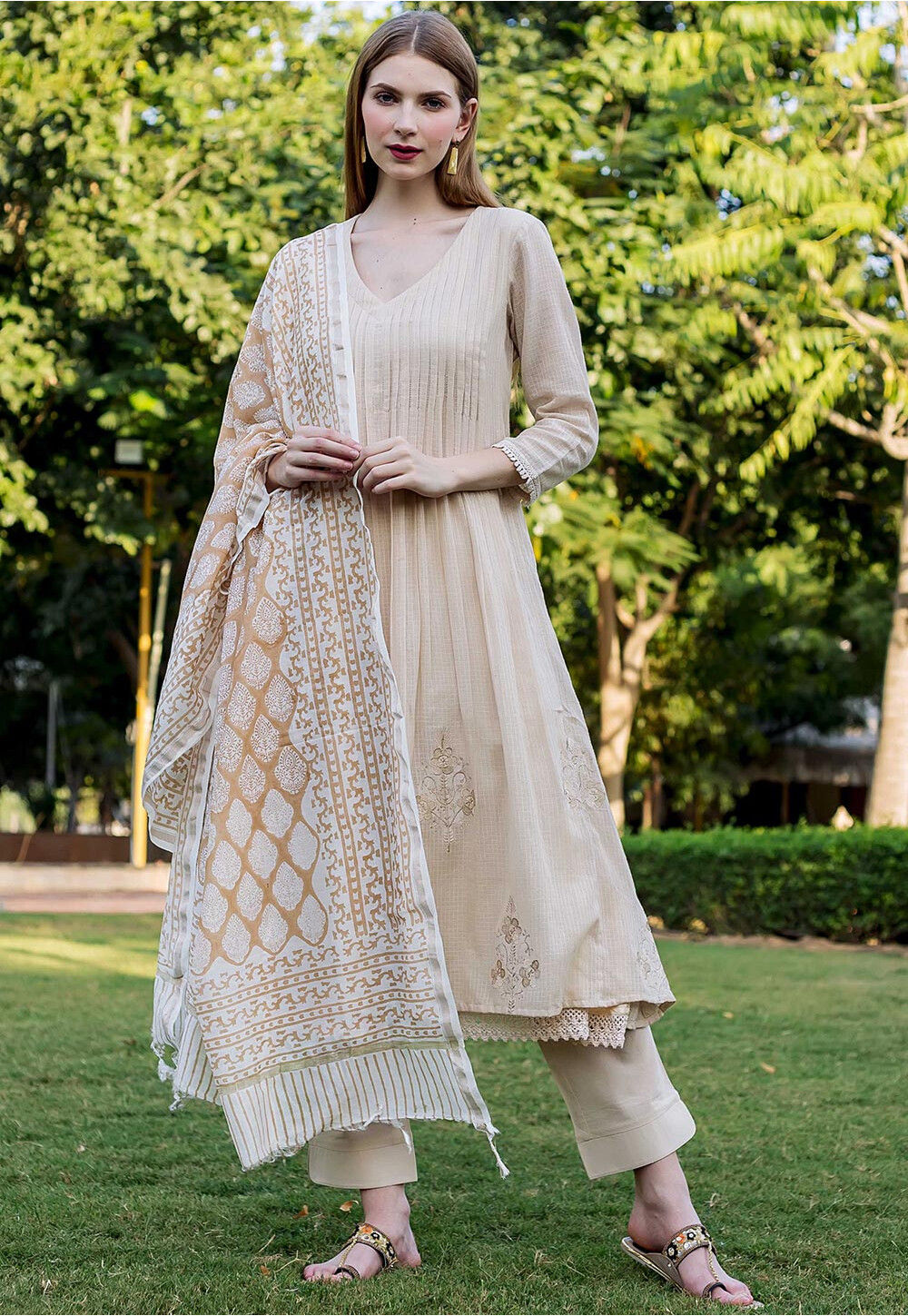 Buy Off White Black Cotton Lace Suit with Embroidered Kota Doria