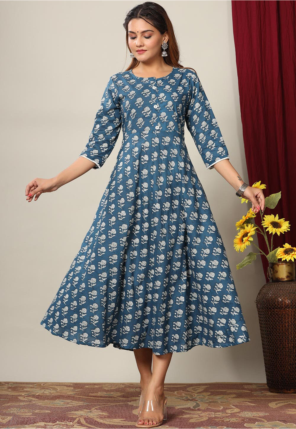 Blue - Akola Block Printed Cotton A-Line Long Kurta