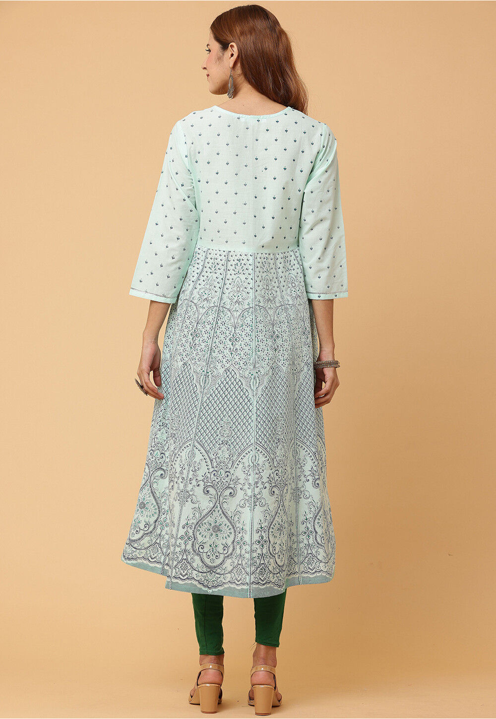 Pastel Green Floral Printed A-Line Cotton Kurta With Solid Coral Culottes main image 0