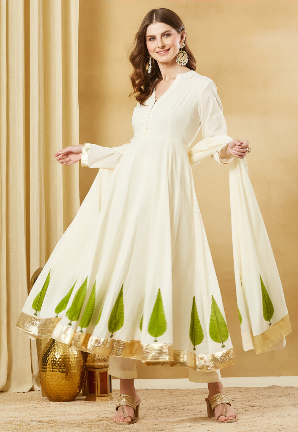 Buy Block Printed Pure Cotton A Line Suit in Off White Online : KJX296