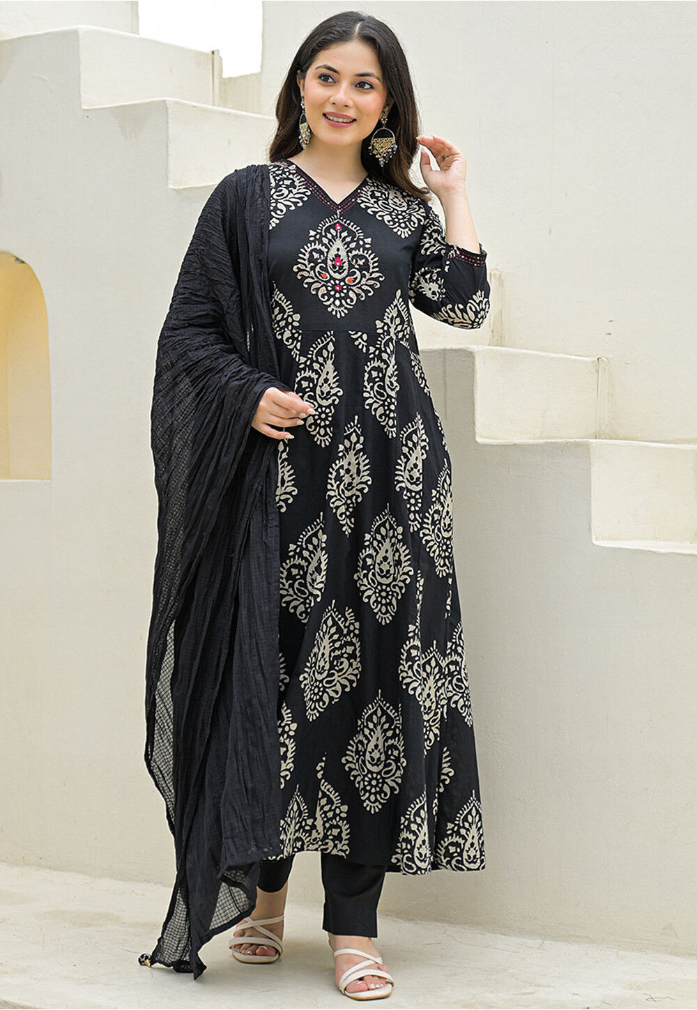 Block Printed Pure Cotton Anarkali Suit in Black
