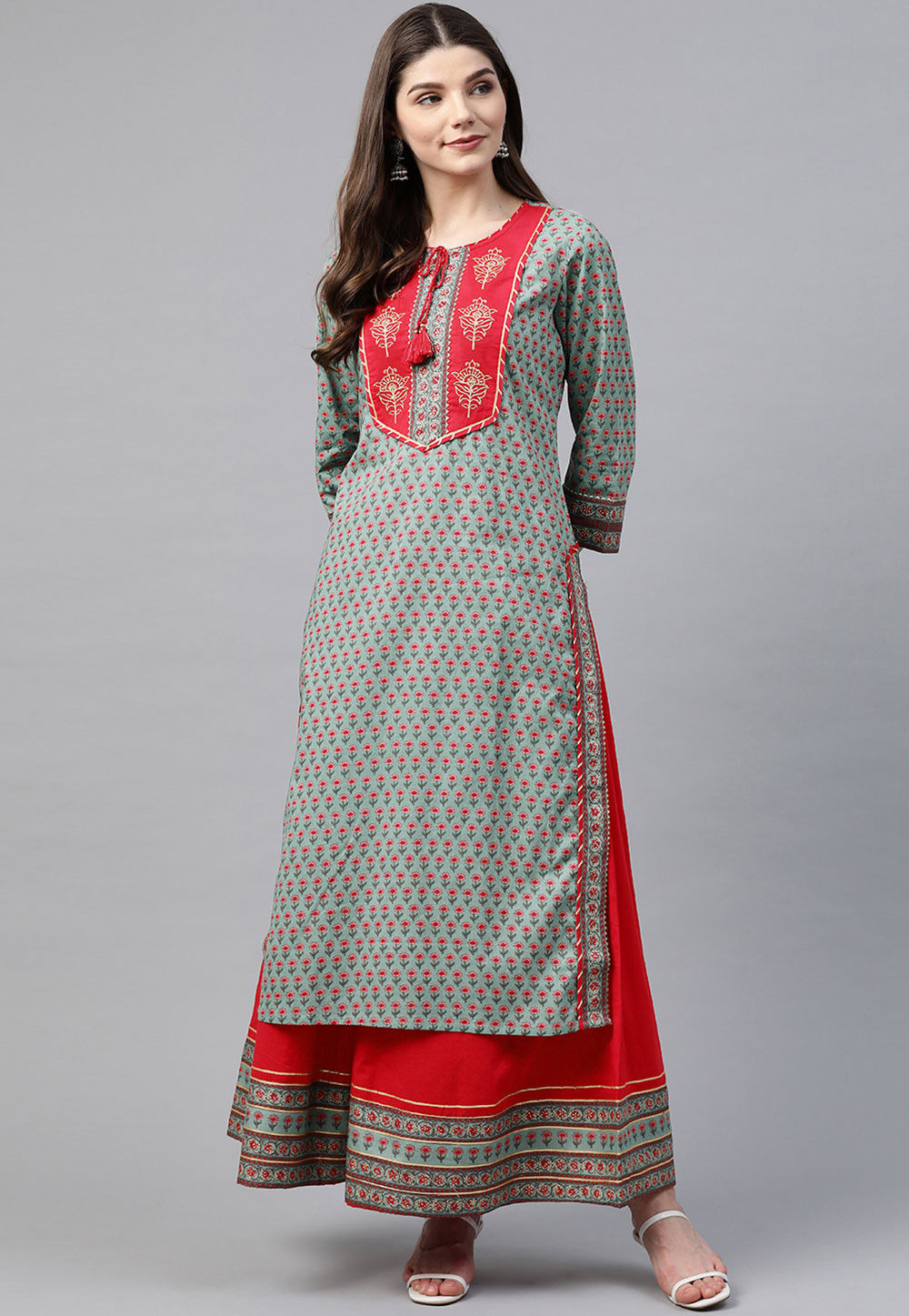 Buy Block Printed Pure Cotton Kurta with Palazzo in Dusty Blue Online ...