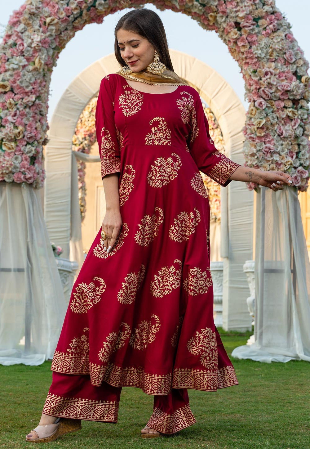 Rayon Beautiful Block print Embroidery Work Kurti Gown Set for Women/girls,Kurti Anarkali Set,Salwar Suit,Partywear Dress Gift for her