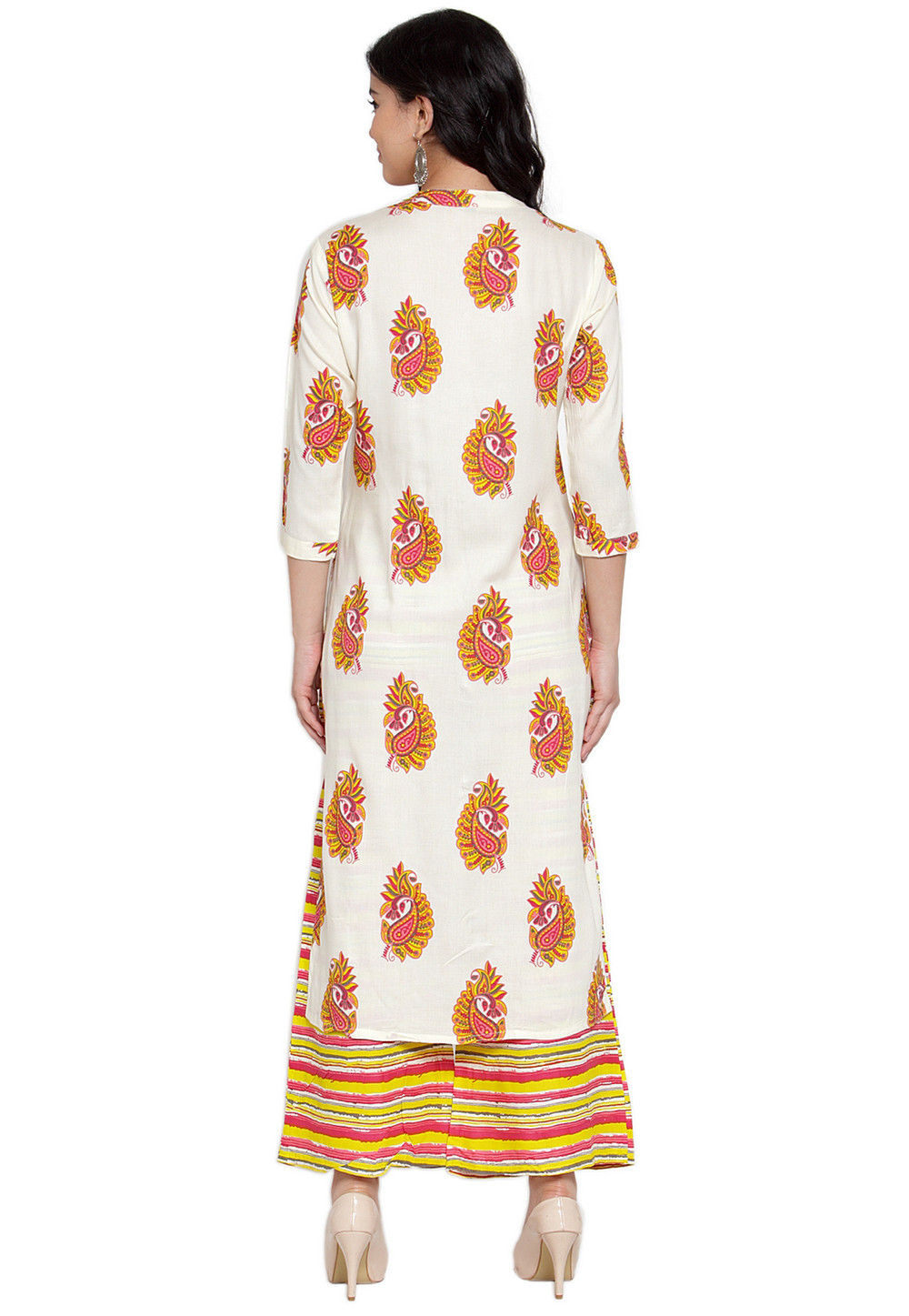 Block Printed Rayon Cotton Straight Kurta with Palazzo in Off White ...