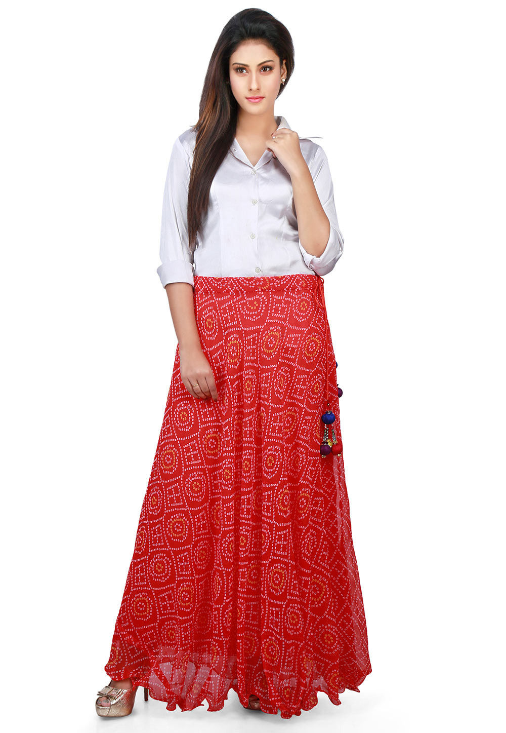 Buy Bandhej Georgette Long Skirt in Red Online : BNJ237 - Utsav Fashion
