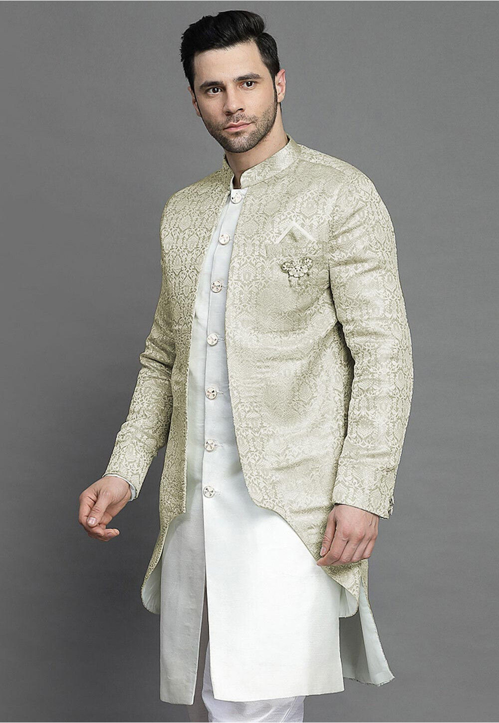 Buy Brocade Layered Sherwani in Light Beige Online : MXX158 - Utsav Fashion
