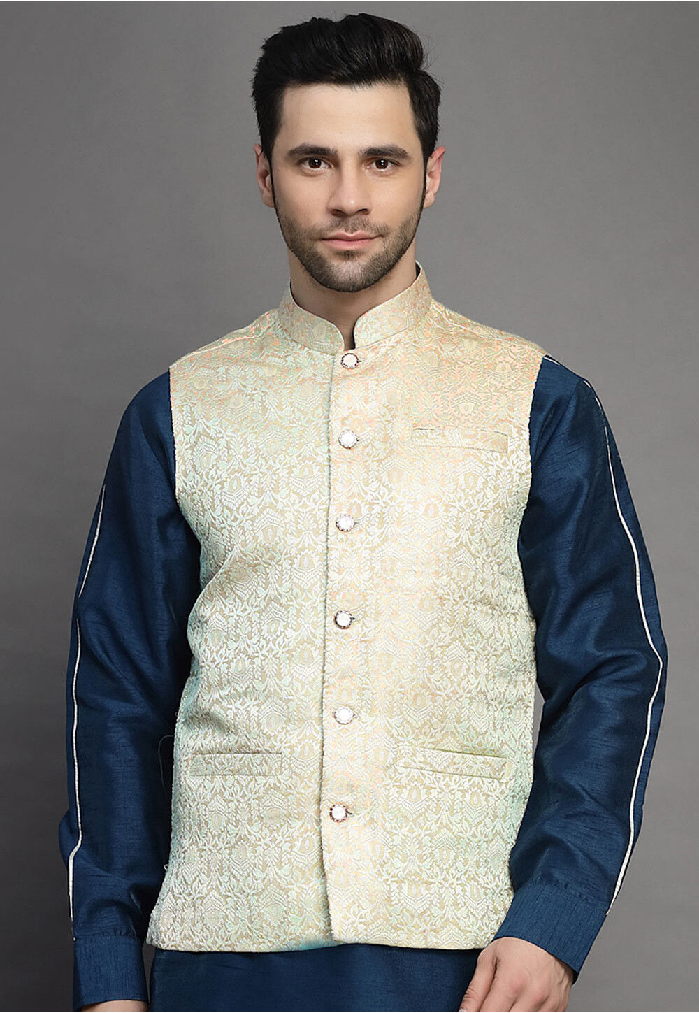 Brocade Nehru Jacket in Light Grey MXX141