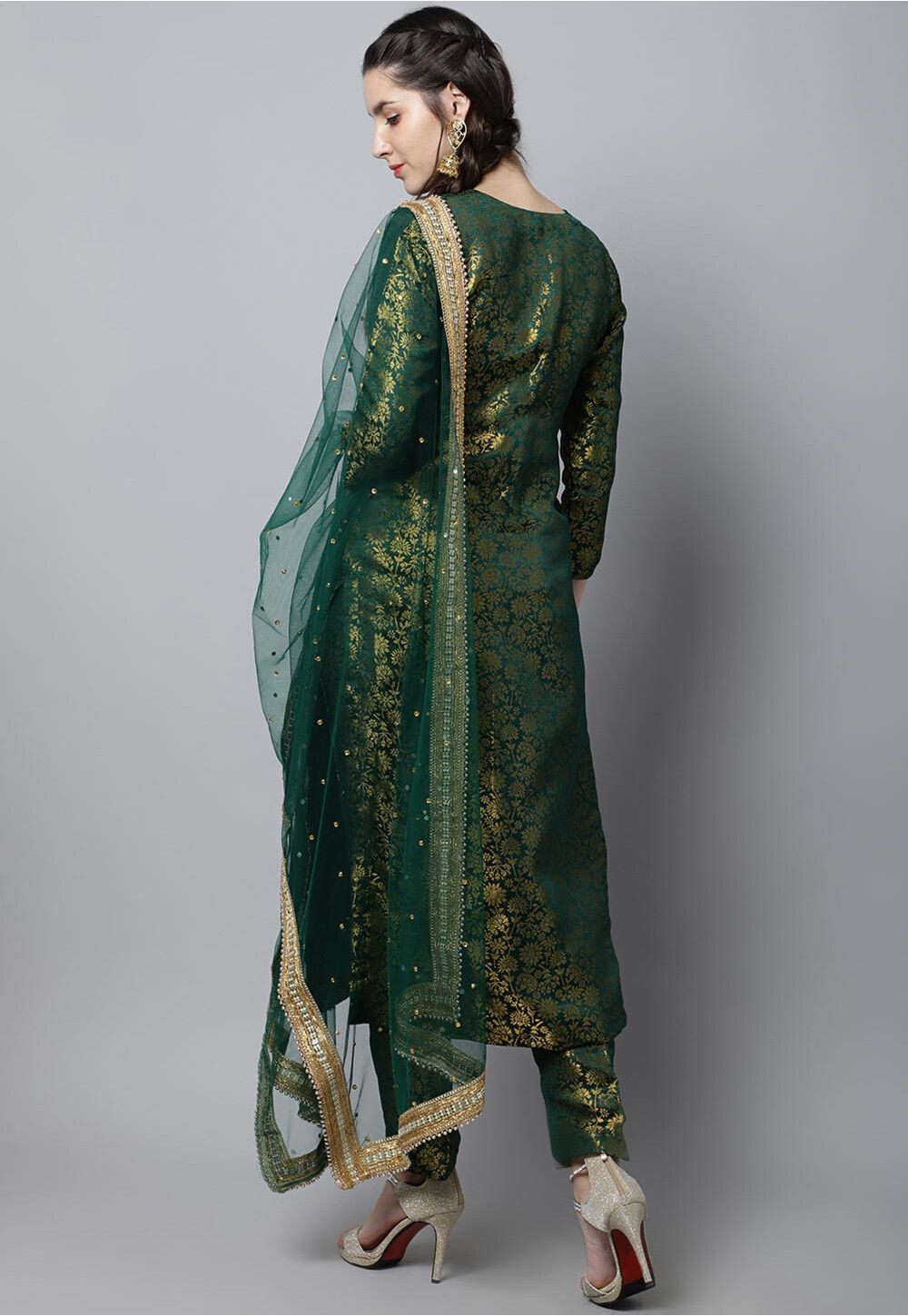Brocade Pakistani Suit in Dark Green : KNV382