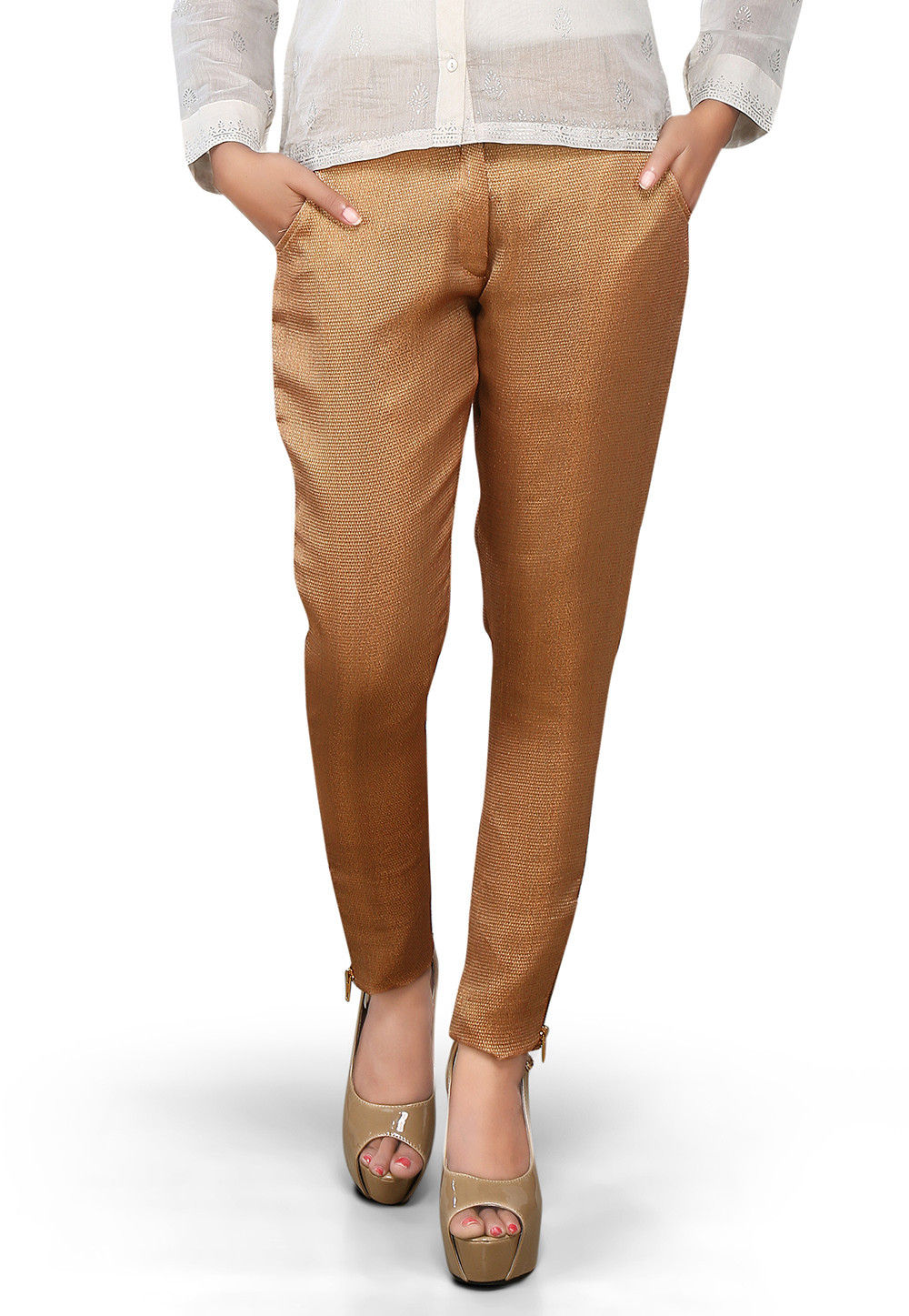Buy W Women Golden Slim Fit Solid Cropped Cigarette Trousers  Trousers for  Women 6919115  Myntra