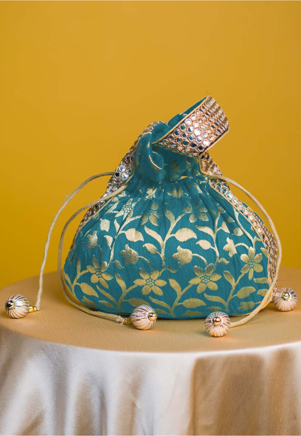 Brocade Potli Bag in Teal Blue DMQ334
