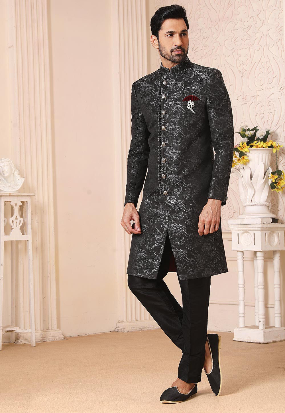 off white raw silk mens sherwani with matching raw silk pants and red  handkerchief fabric pc on pocket saudi arabia south africa asia-Shop  Pakistani Indian Bridal Wear online Bridal outfits Retail Store