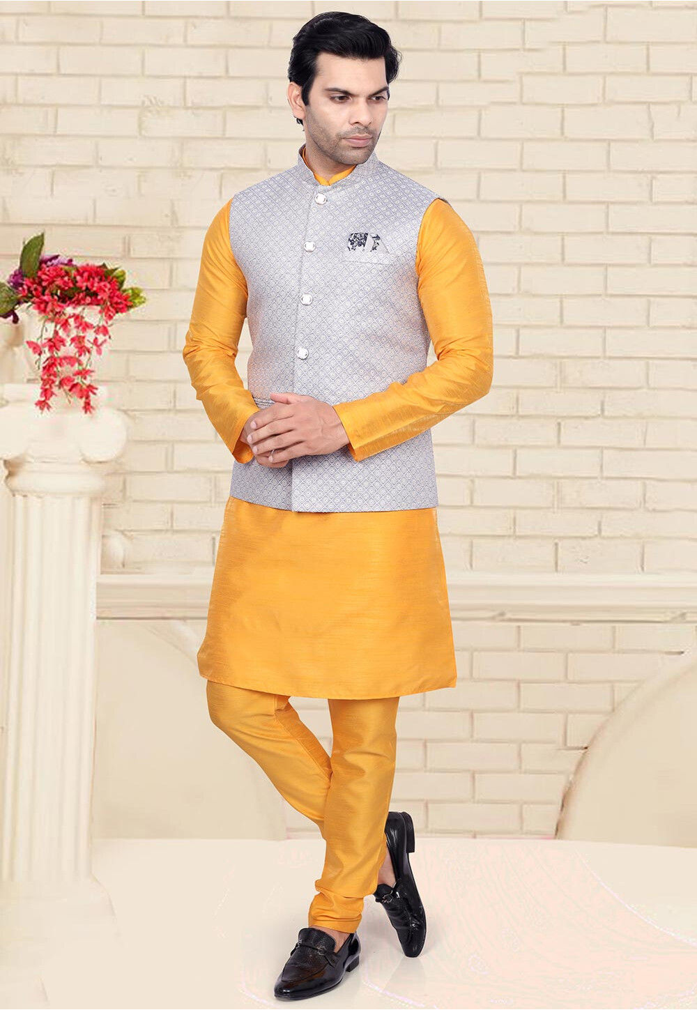 Yellow Silk Jacquard Kurta Jacket Set For Men With Resham Embroidery main image 1