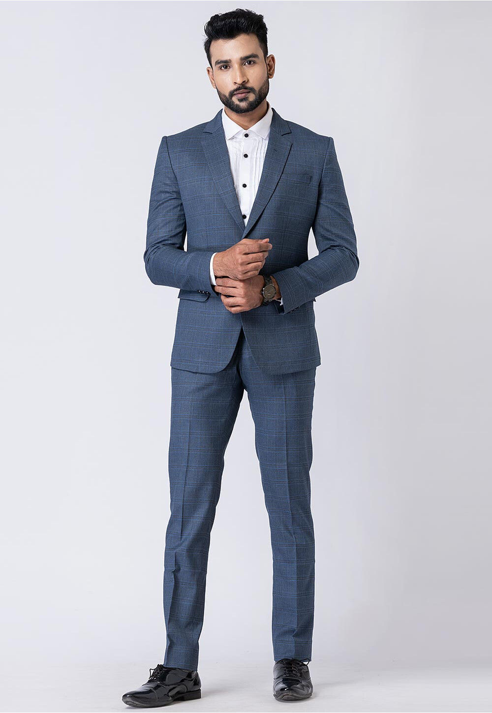 Buy Check Printed Polyester Jacquard Blazer in Dusty Blue Online MDW1719 Utsav Fashion
