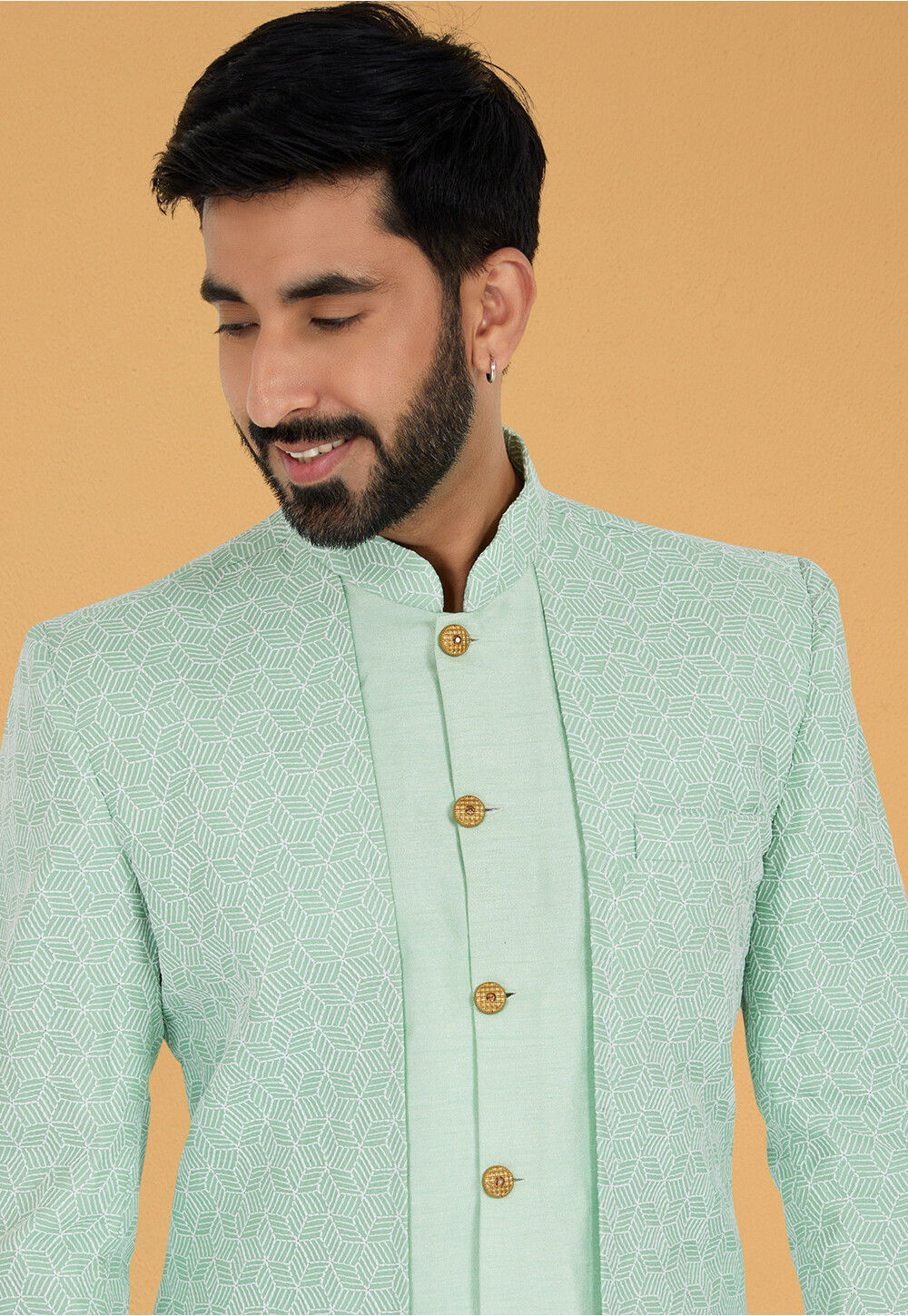 Chikankari Art Silk Jacket Style Sherwani in Light Green : MDW513