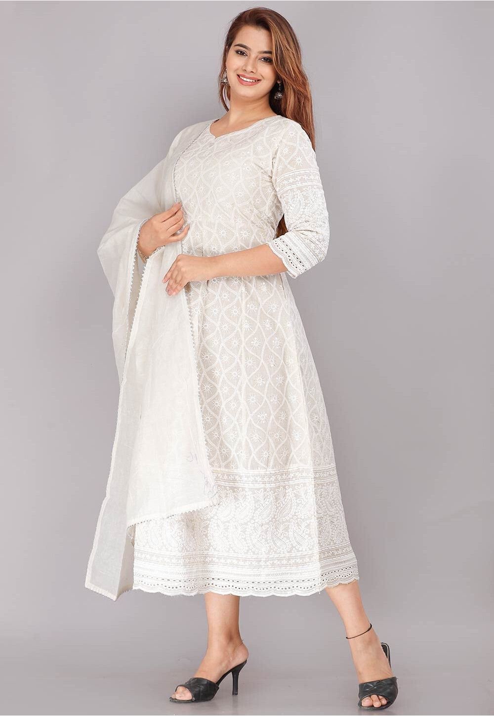 Buy Chikankari Cotton Anarkali Suit in Off White Online : KAP184 ...
