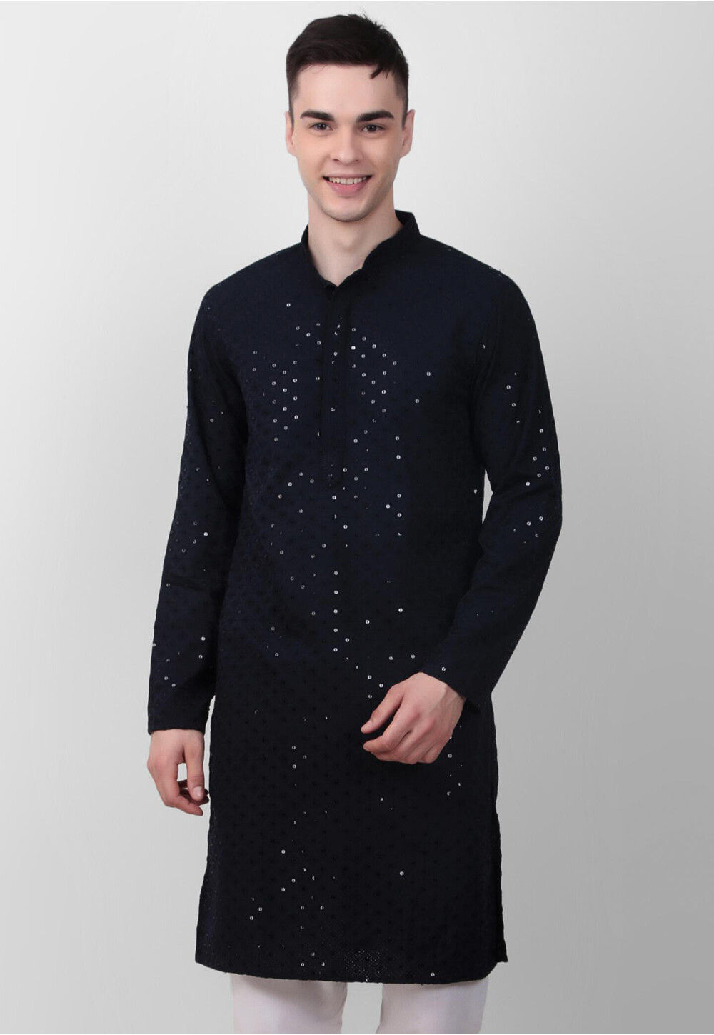 Men Navy Blue Chikankari Kurta Only