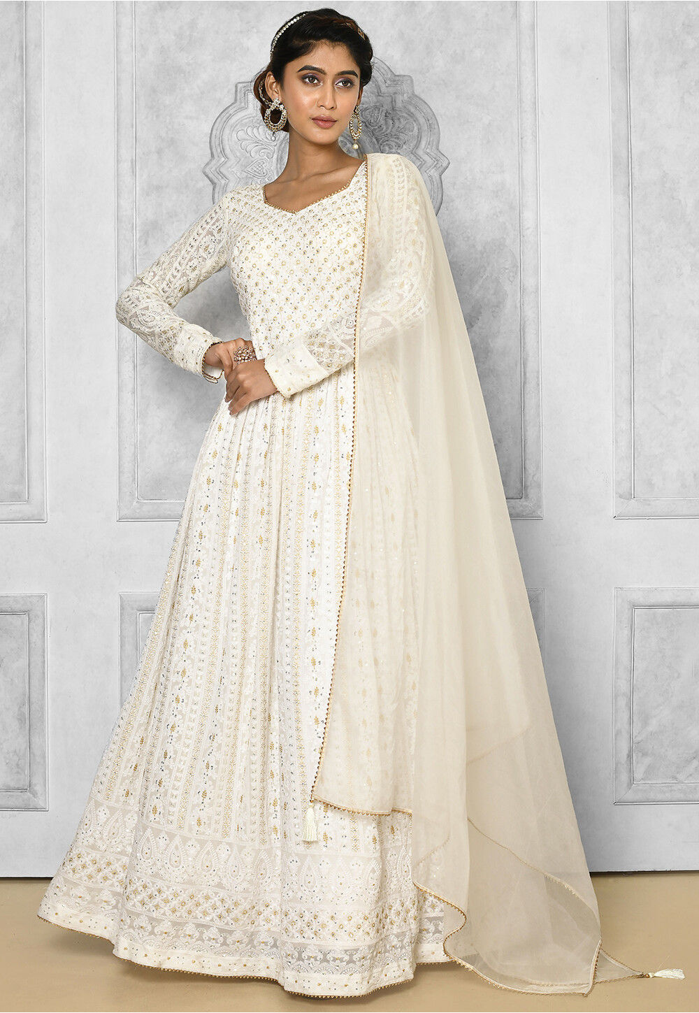 Buy Chikankari Georgette Abaya Style Suit in White Online : KBK102 ...