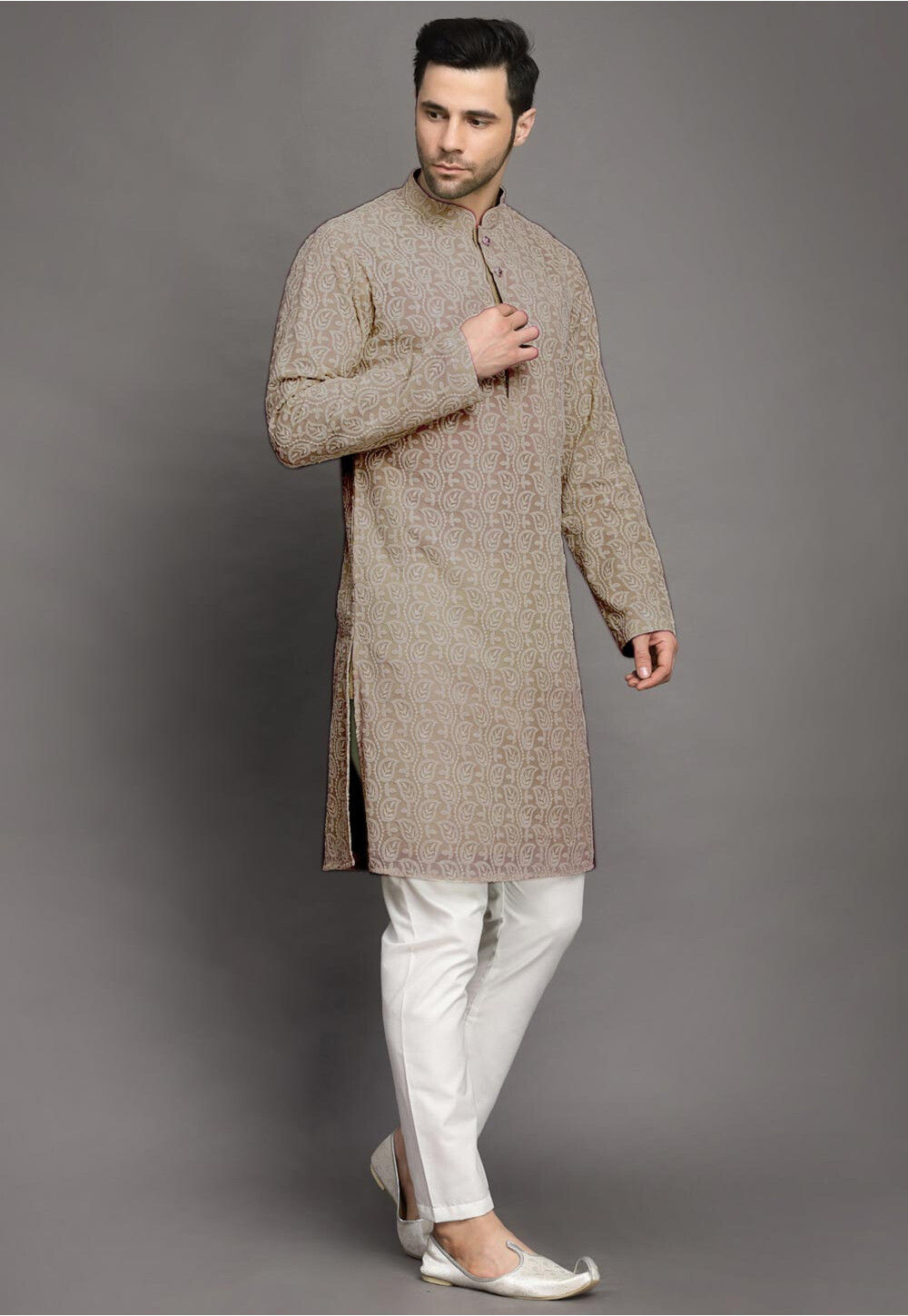 Elegant Beige Chikankari Embroidered Kurta Set main image 0