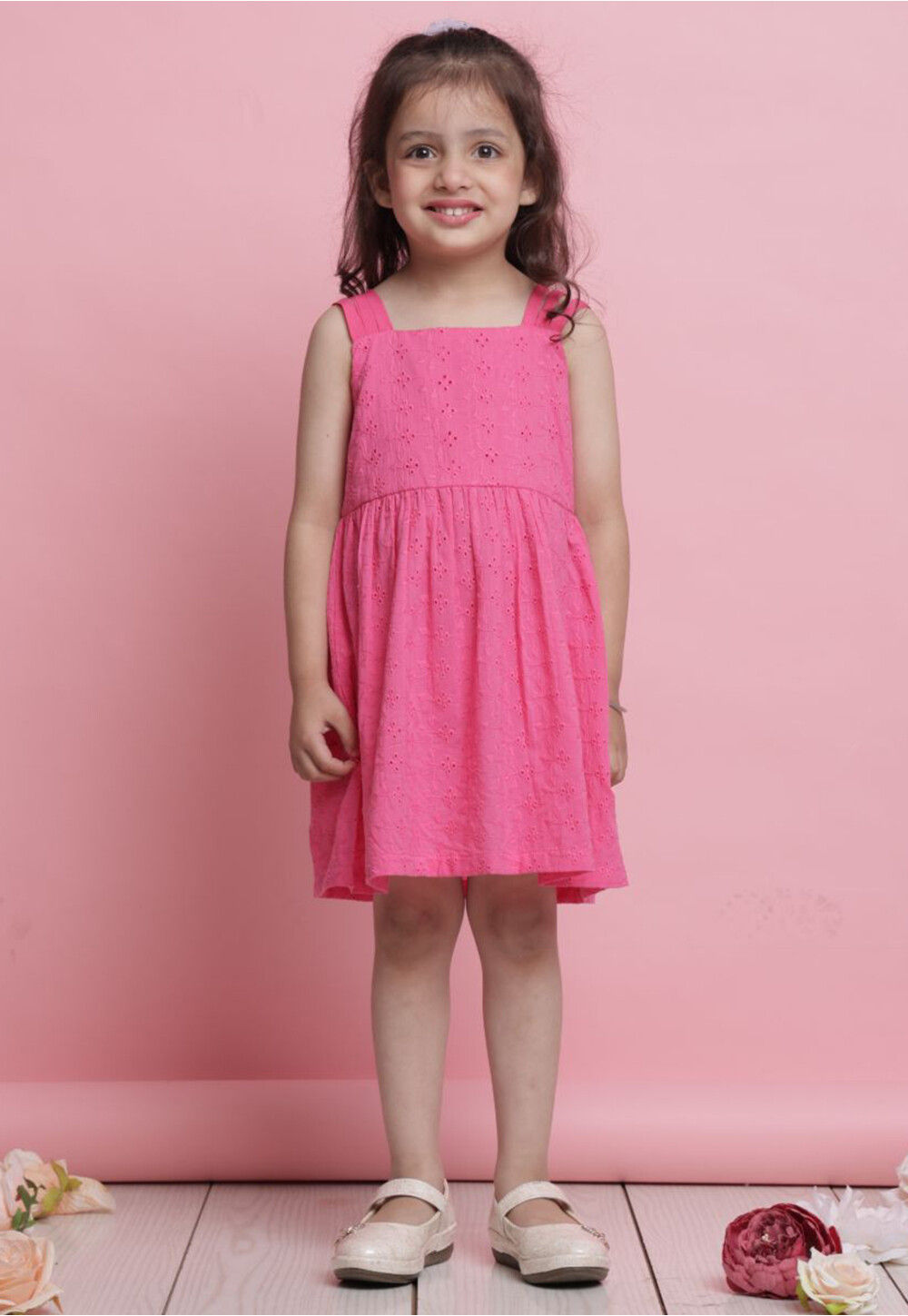 Cotton Resham Neckline chikankari dress material- Baby Pink