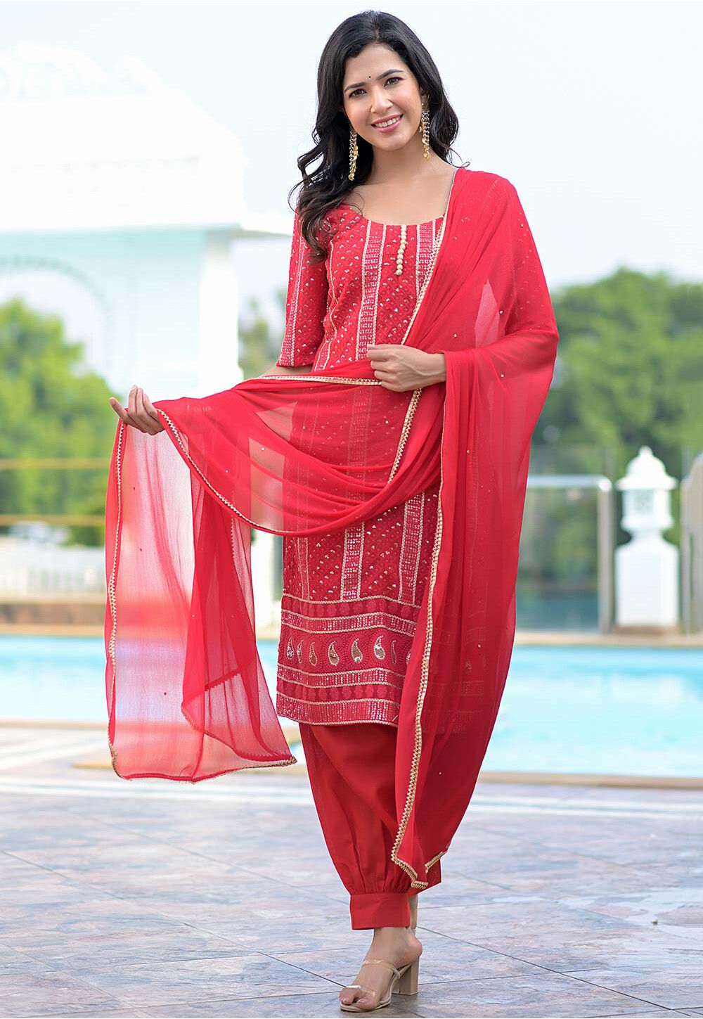 RE - Red Colored Georgette Partwear Salwar Suit - New In - Indian
