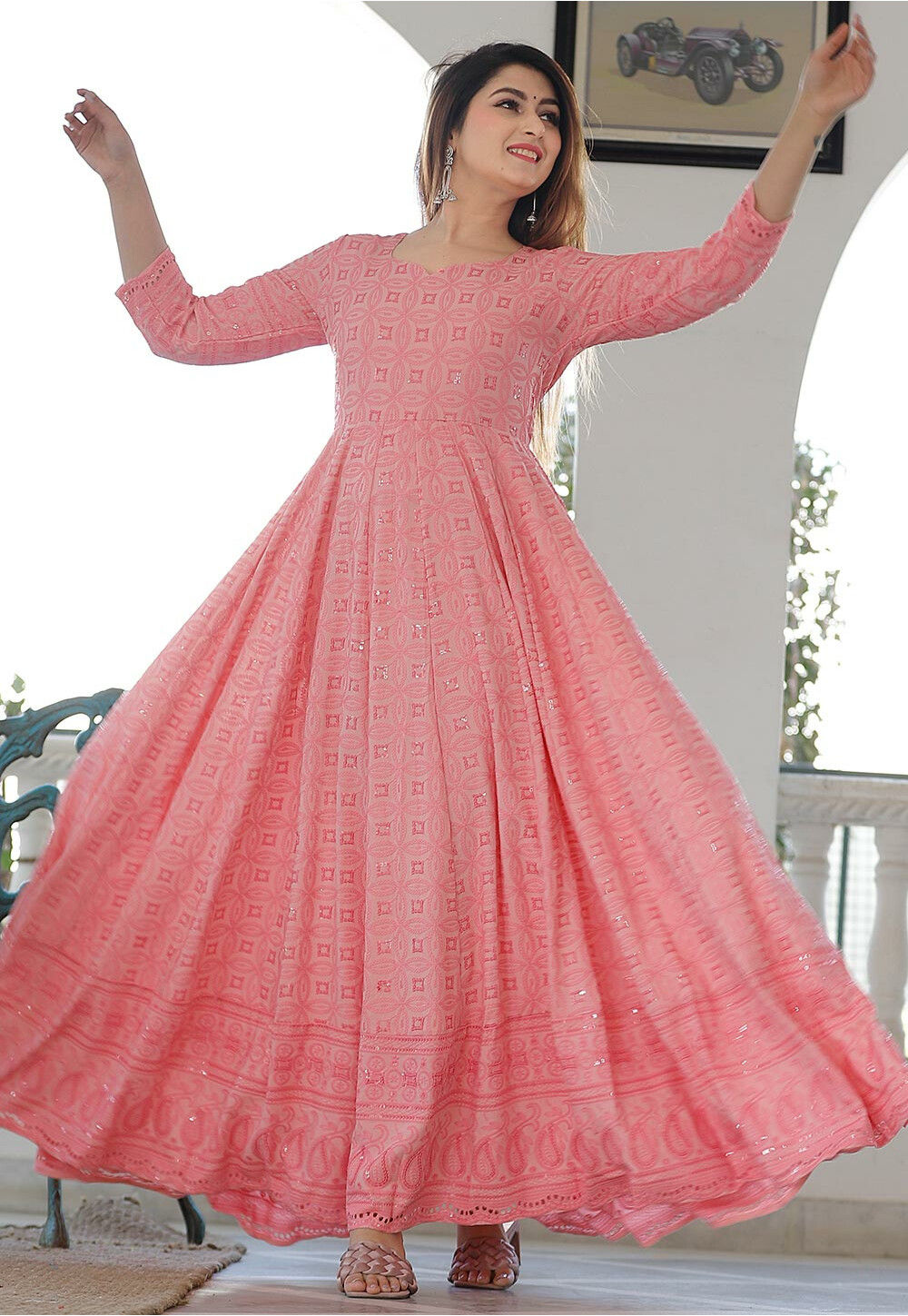 Chikankari Rayon Anarkali Suit In Light Pink Ker117