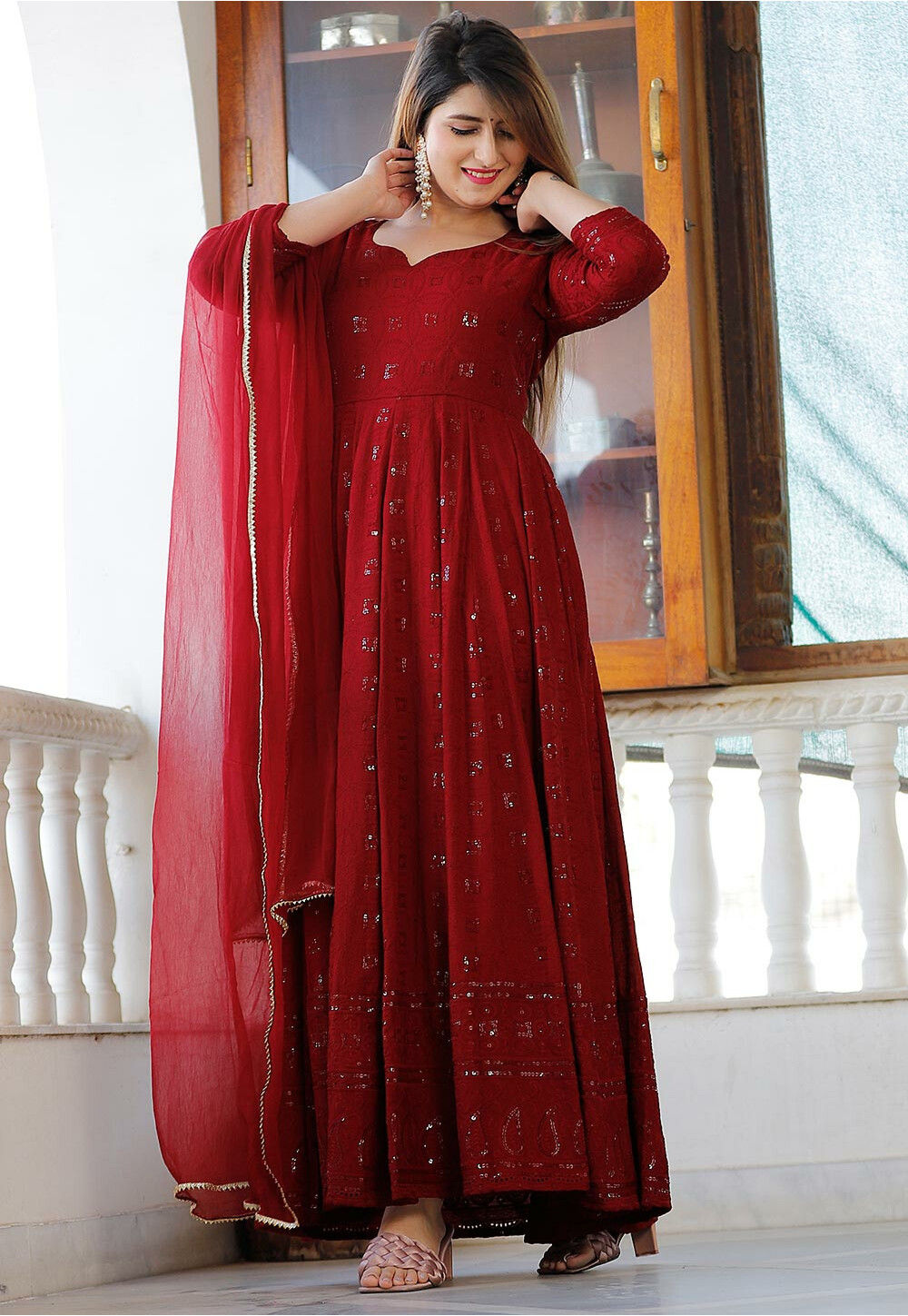 Fragile Maroon Color Rangoli With Cording Work Anarkali Suit