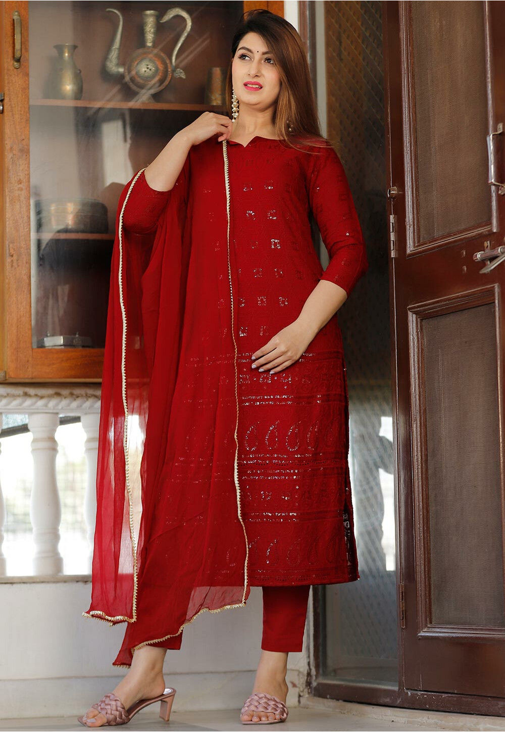 Eyecatching Chikankari Suit - Sassy Red | Chikankari suits, Net dupatta,  Suits