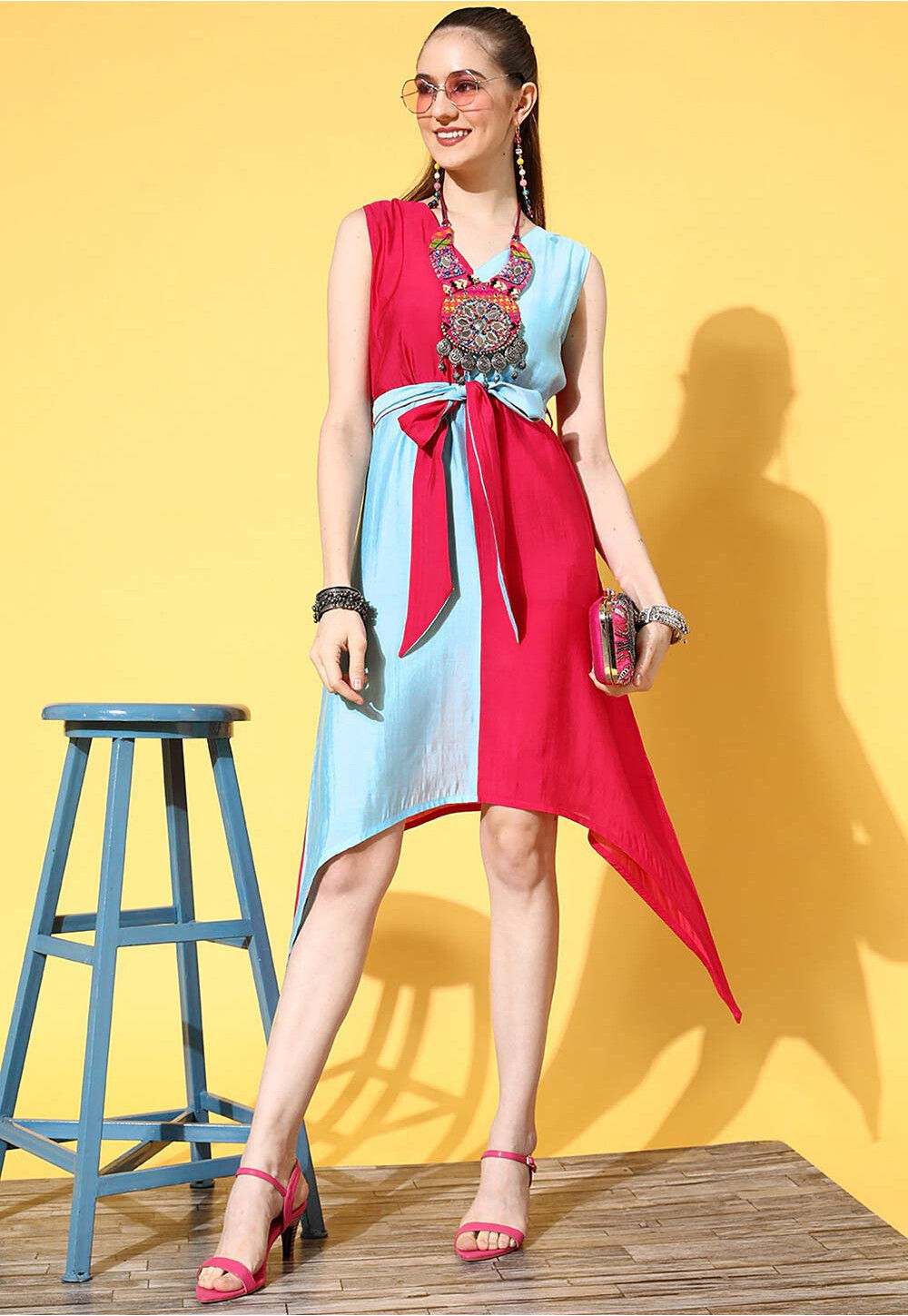 Buy Color Block Modal Satin Asymmetric Dress in Pink and Blue Online ...