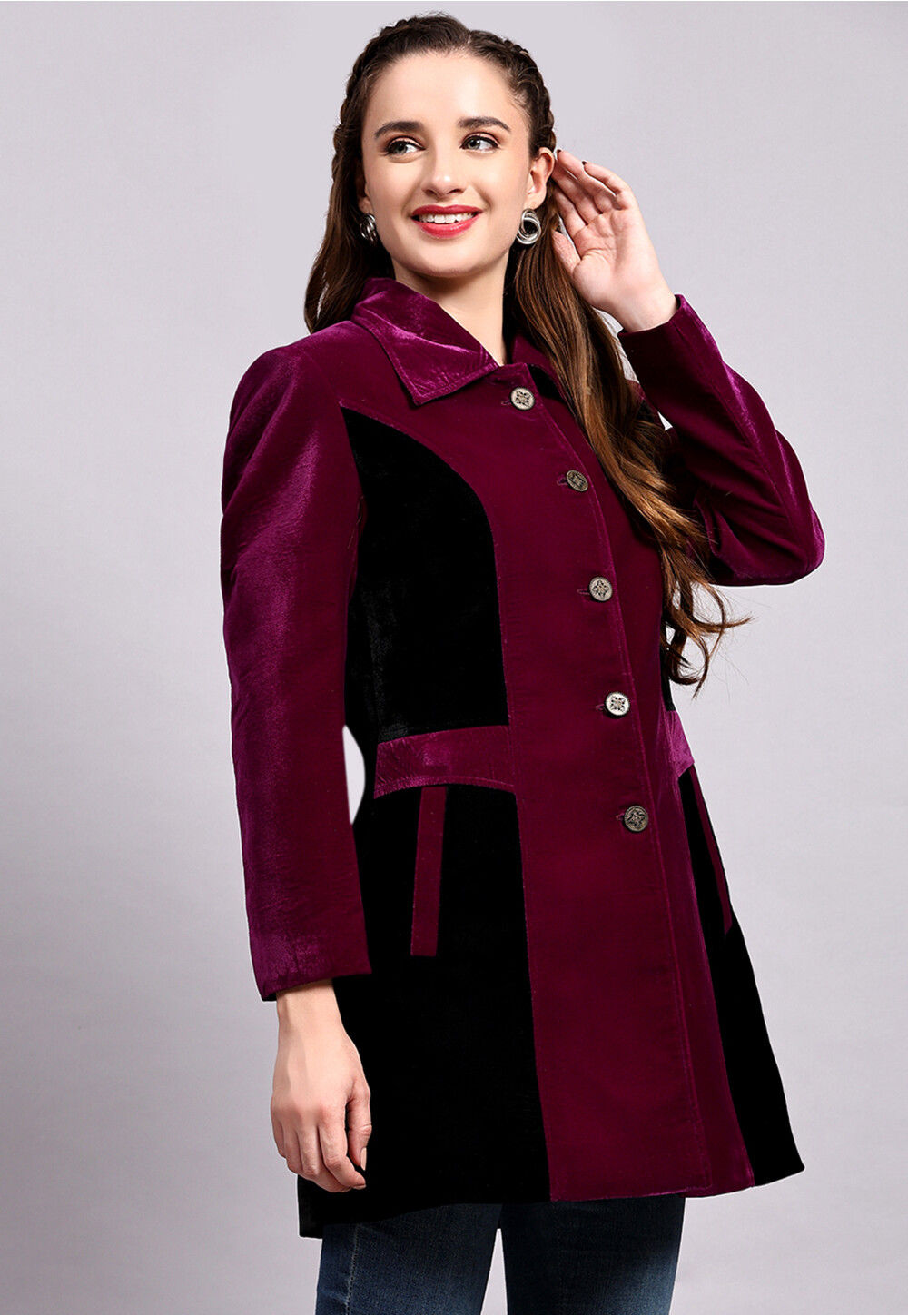 Buy Color Block Velvet Jacket in Magenta and Black Online : TBN67 ...