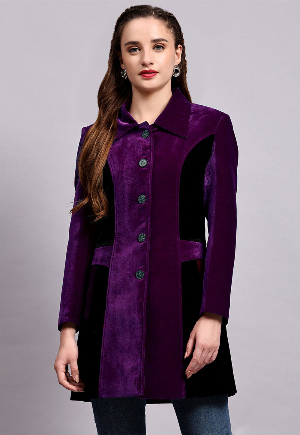 Buy Color Block Velvet Jacket in Purple and Black Online TBN77 Utsav Fashion