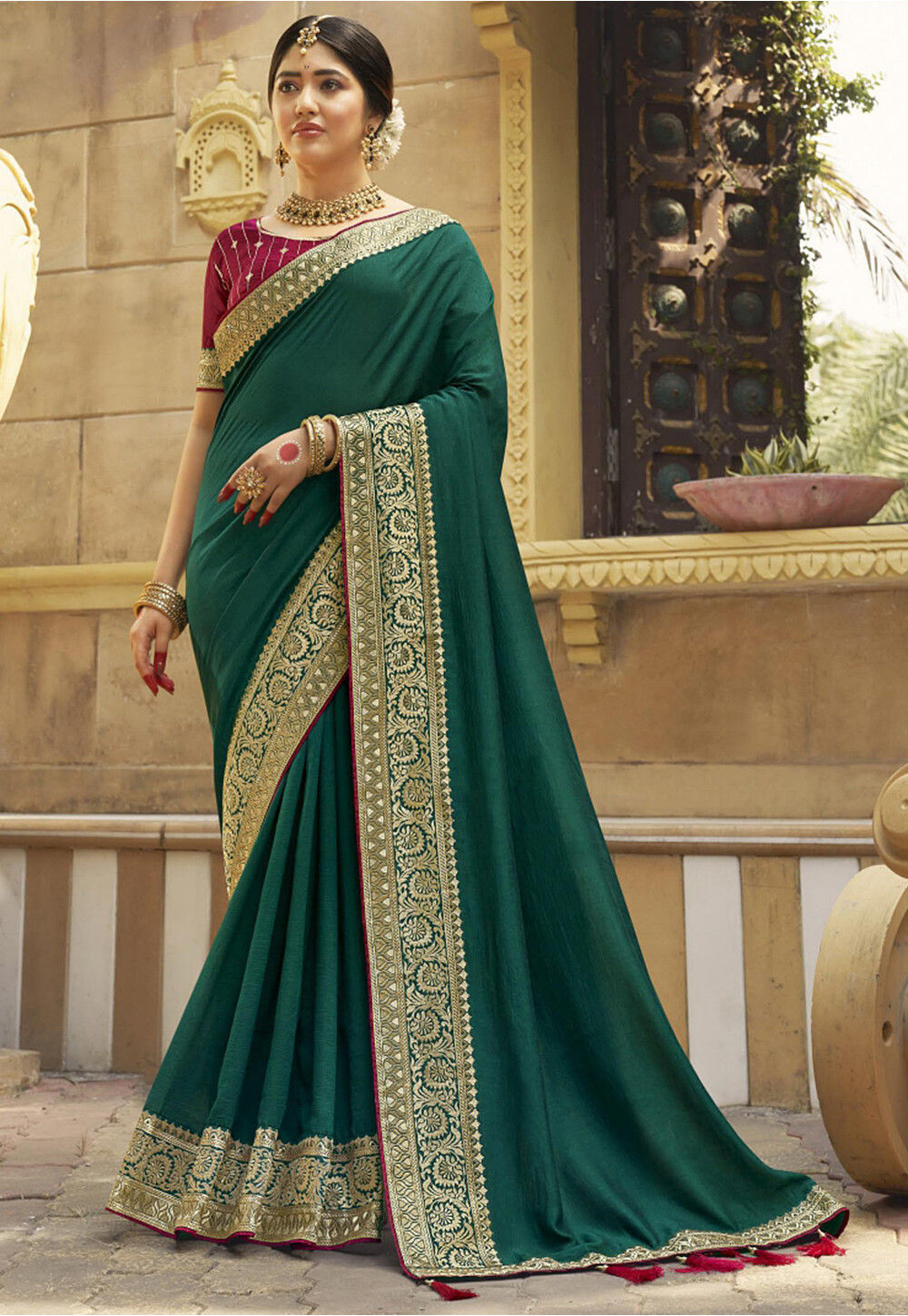 Solid Color Satin Silk Saree in Dark Olive Green