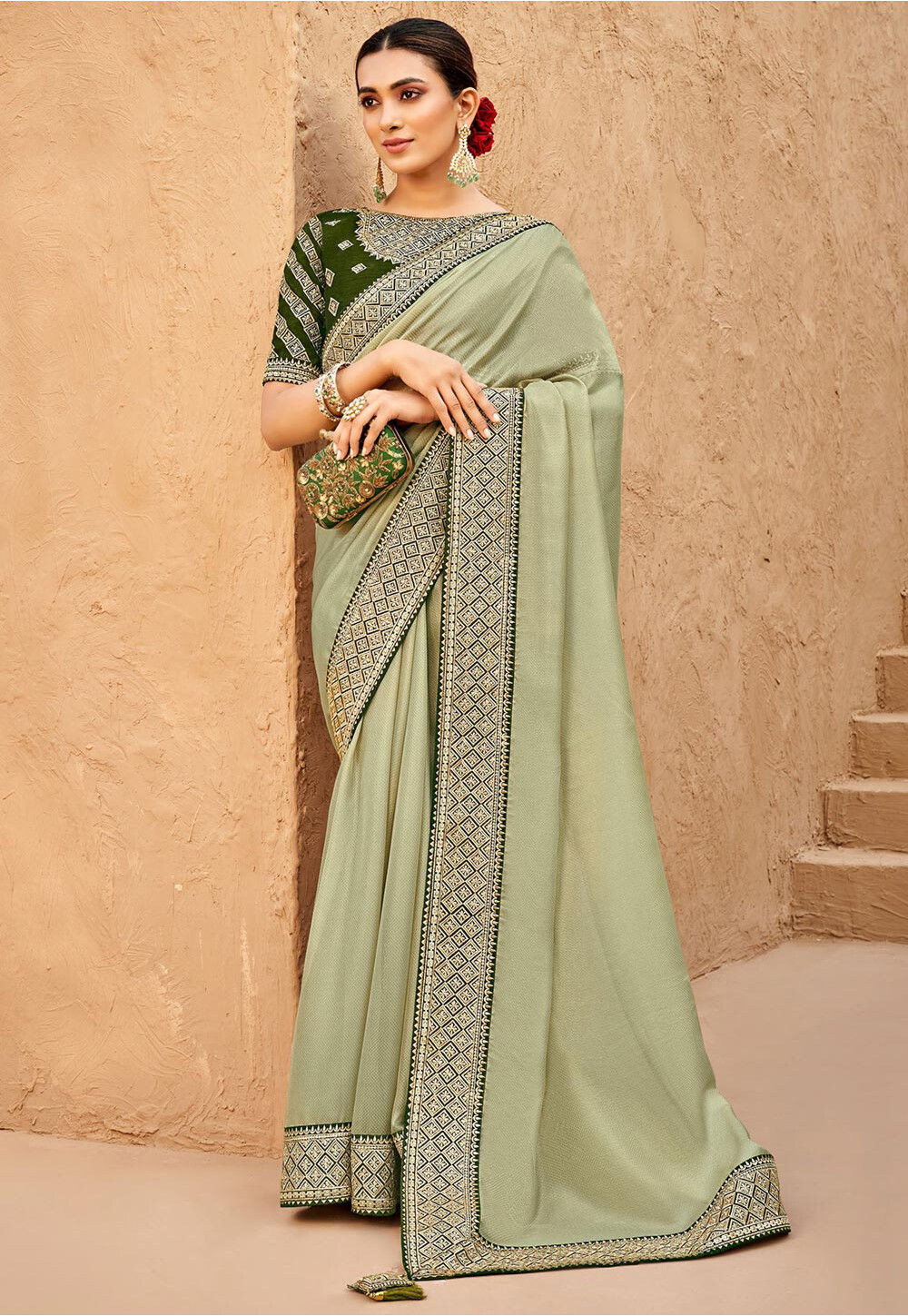 Evening Wear Pastel Green Silk Traditional Saree|SARV113220