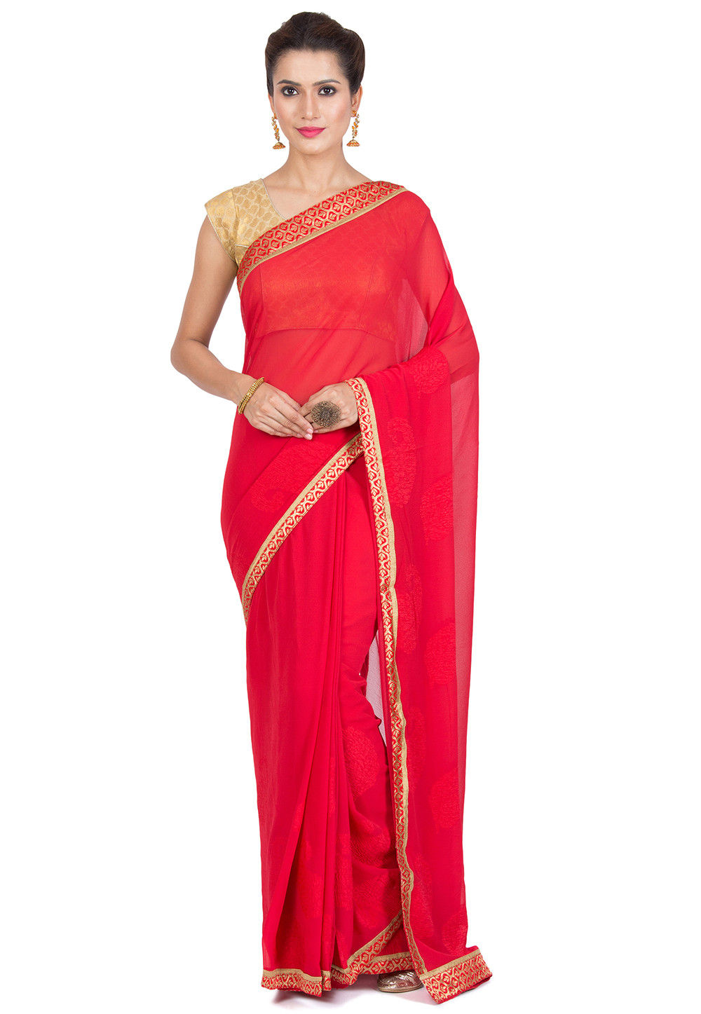 Casual Wear Plain Ladies Red Chiffon Ruffle Frill Saree, 6.30 m with blouse  piece at Rs 600 in Surat