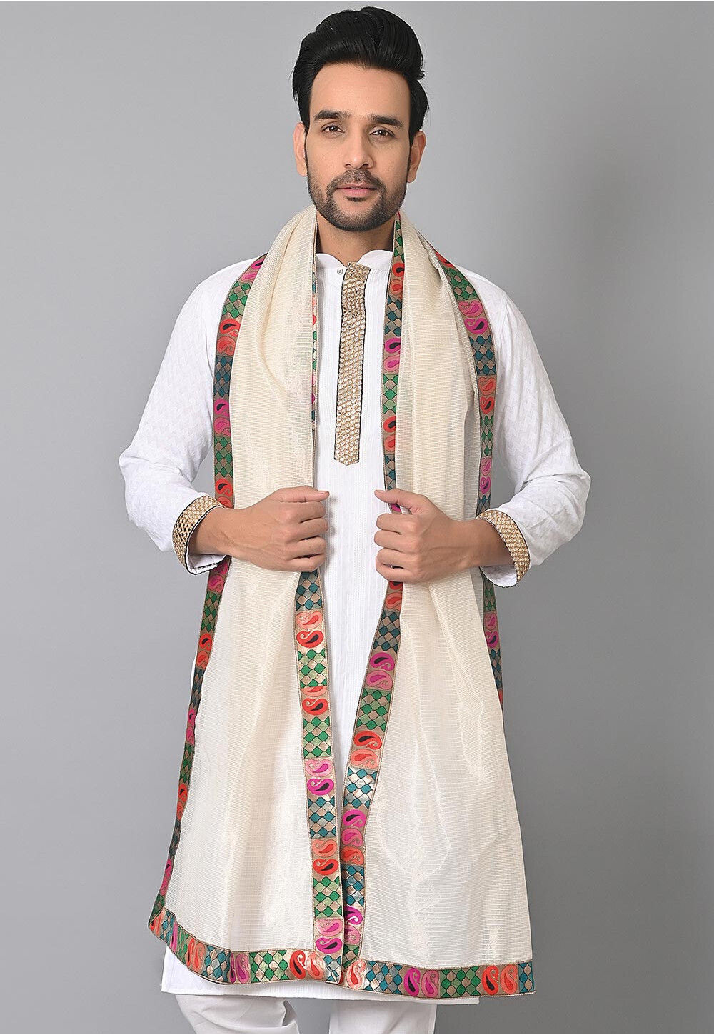 Contrast Border Kota Silk Dupatta in Off White MTE1147