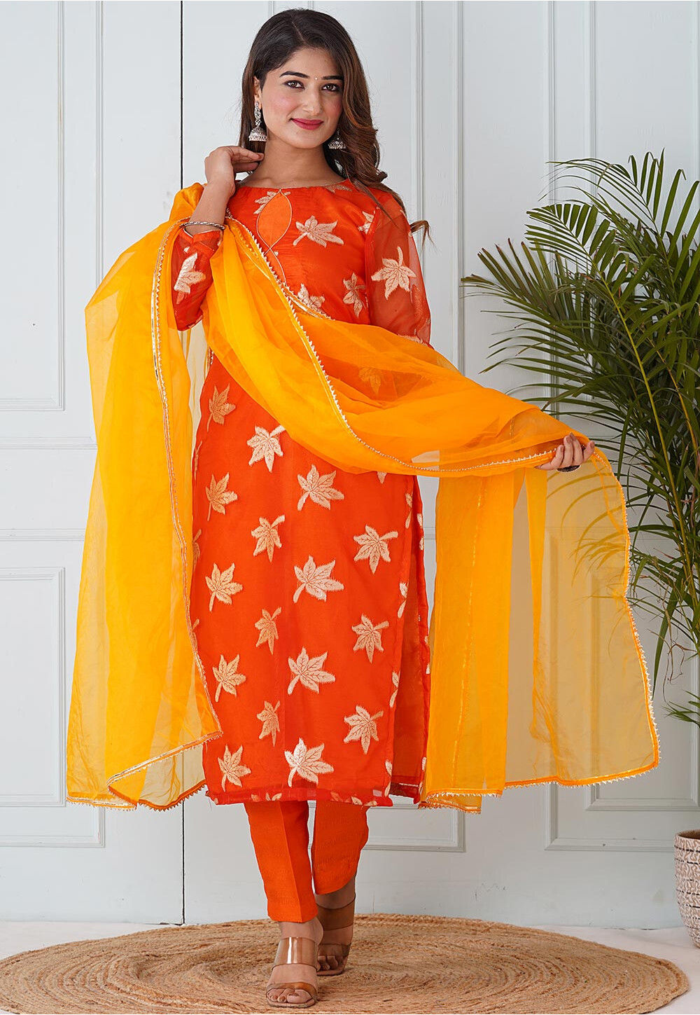 Chanderi Off White and Orange Contrast Suit - Roop Square