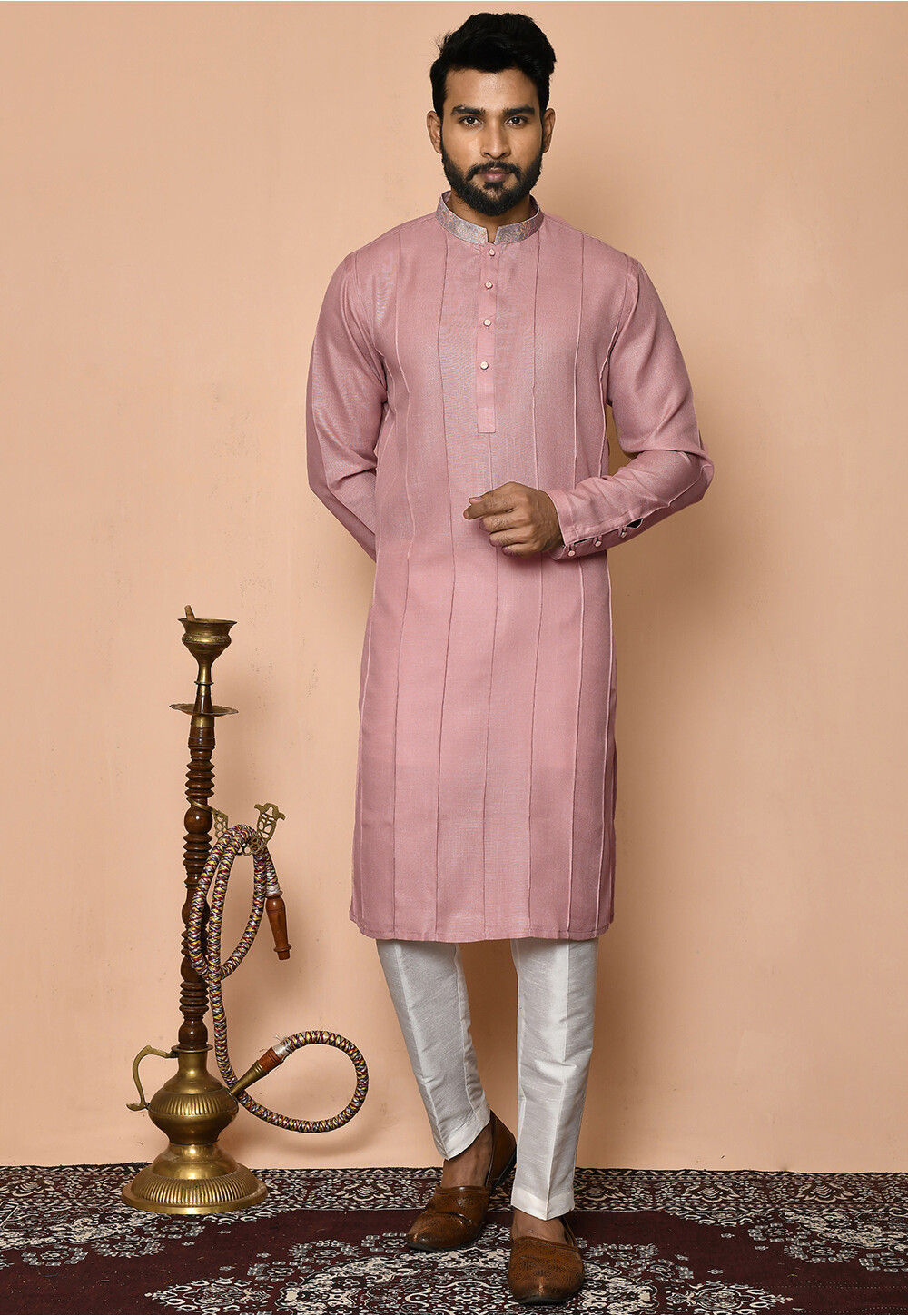 Buy Contrast Collar Cotton Kurta Set in Pink Online MTX2376 - Main Image