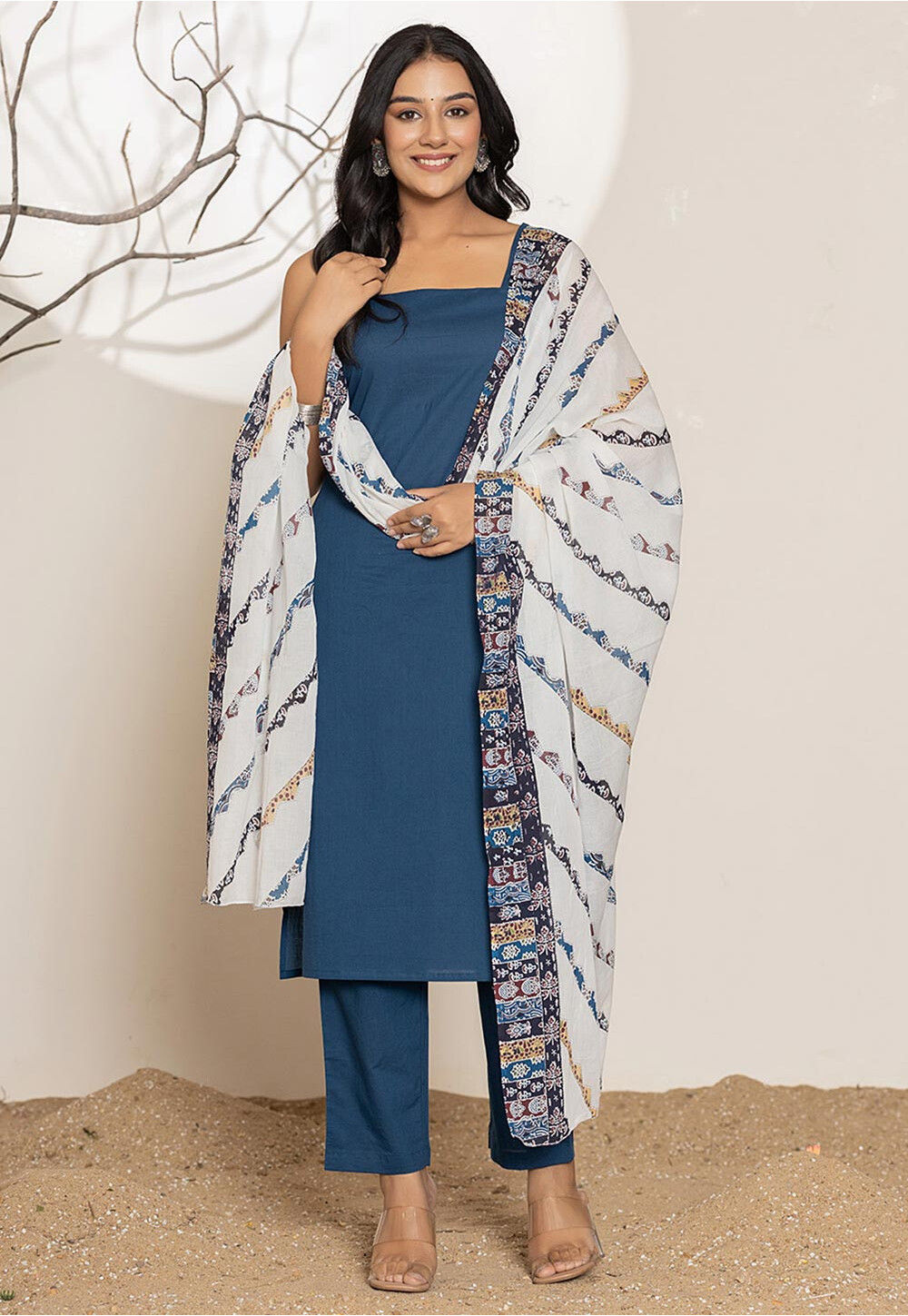 Buy Contrast Dupatta Pure Cotton Pakistani Suit in Navy Blue Online KJL1501 Utsav Fashion