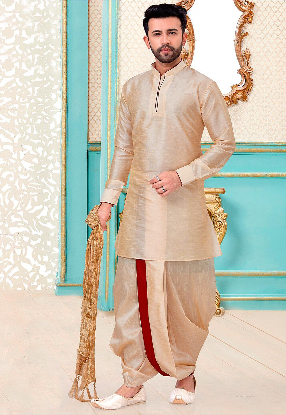 Buy Contrast Trim Art Silk Kurta Set in Beige Online : MMQ2471 - Utsav ...