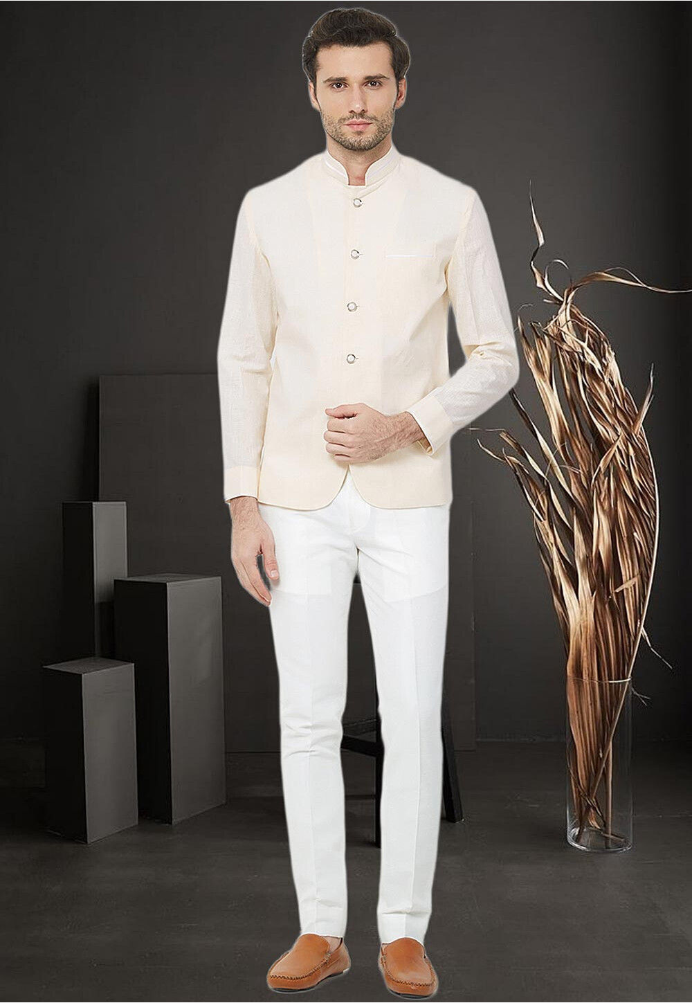 Cream Color Velvet Fabric Wedding Wear Readymade Indo Western Jodhpuri Suit  For Men