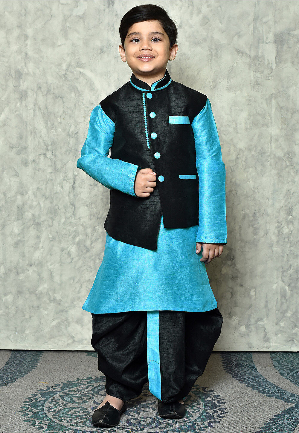 Contrast Trim Dupion Dhoti Kurta Jacket in Light Blue and Black Kids