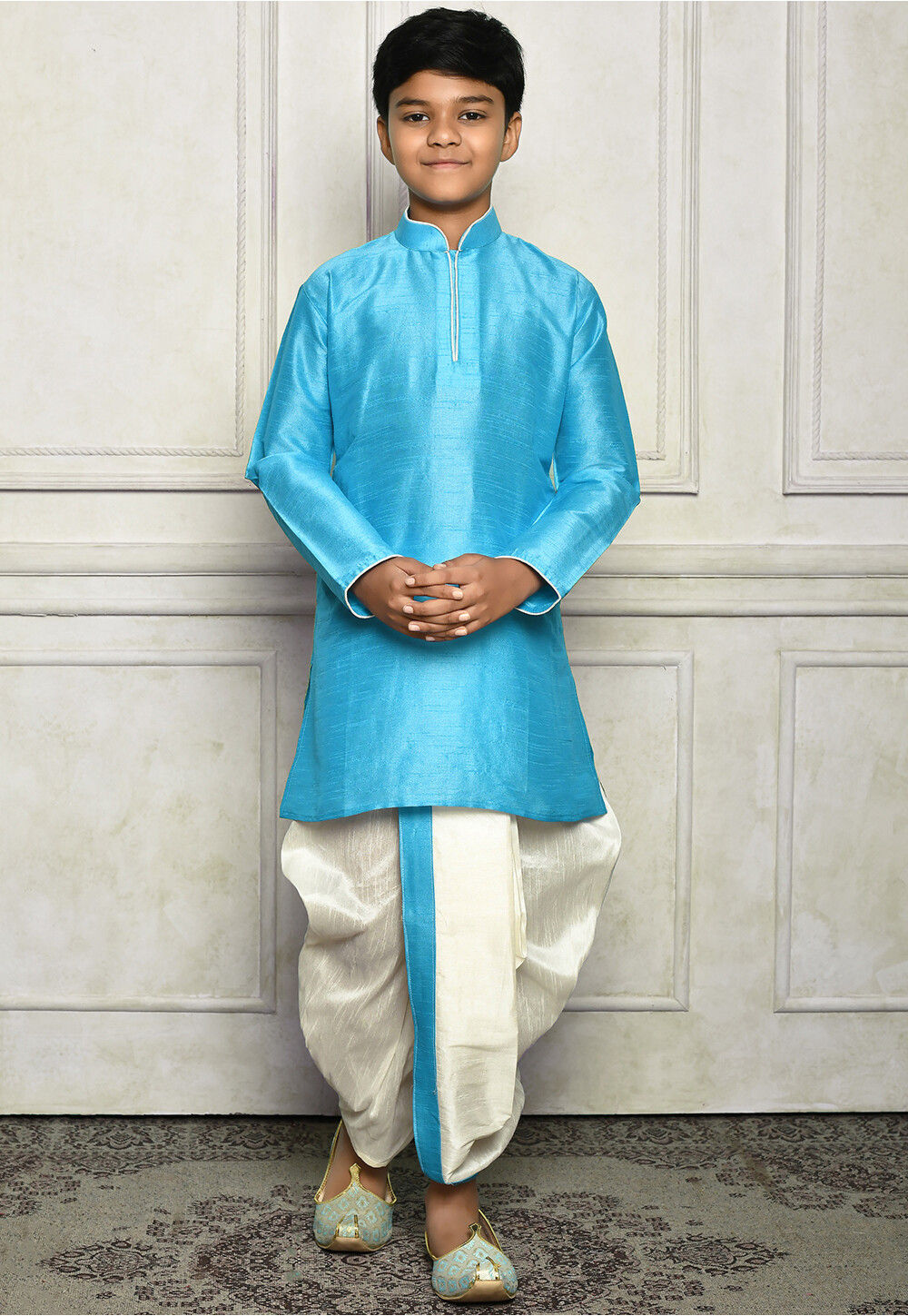 Contrast Trim Dupion Silk Dhoti Kurta in Light Blue UTW702