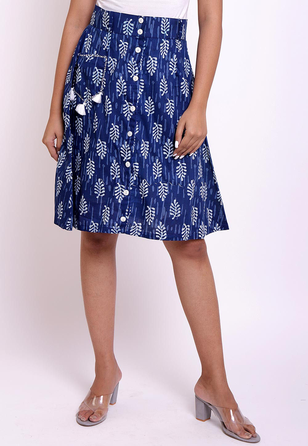 Dabu Printed Cotton Front Open Skirt in Indigo Blue : BNJ591