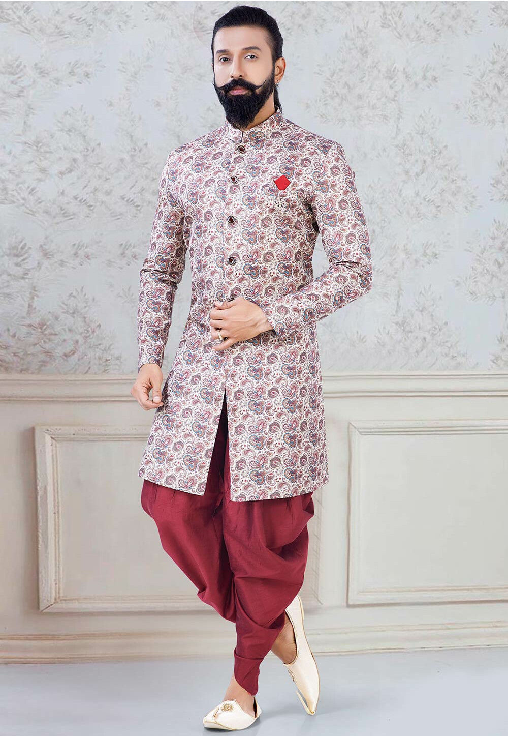 Buy Digital Printed Art Silk Jacquard Dhoti Sherwani in Cream Online